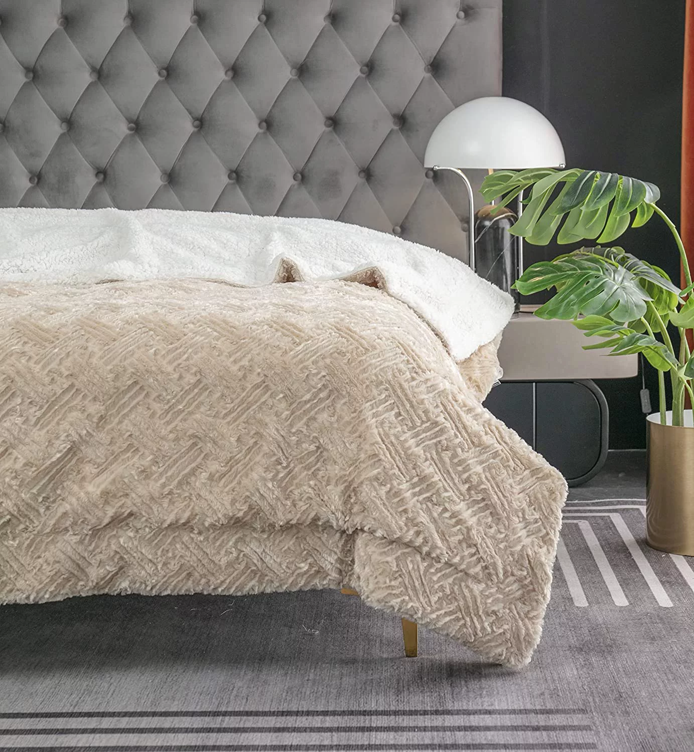 Champagne Ivory Faux Fur Throw Blanket - Dreamy Gold Geometric Embossed Backside - Super Soft Warm Cozy Plush Fluffy - 63