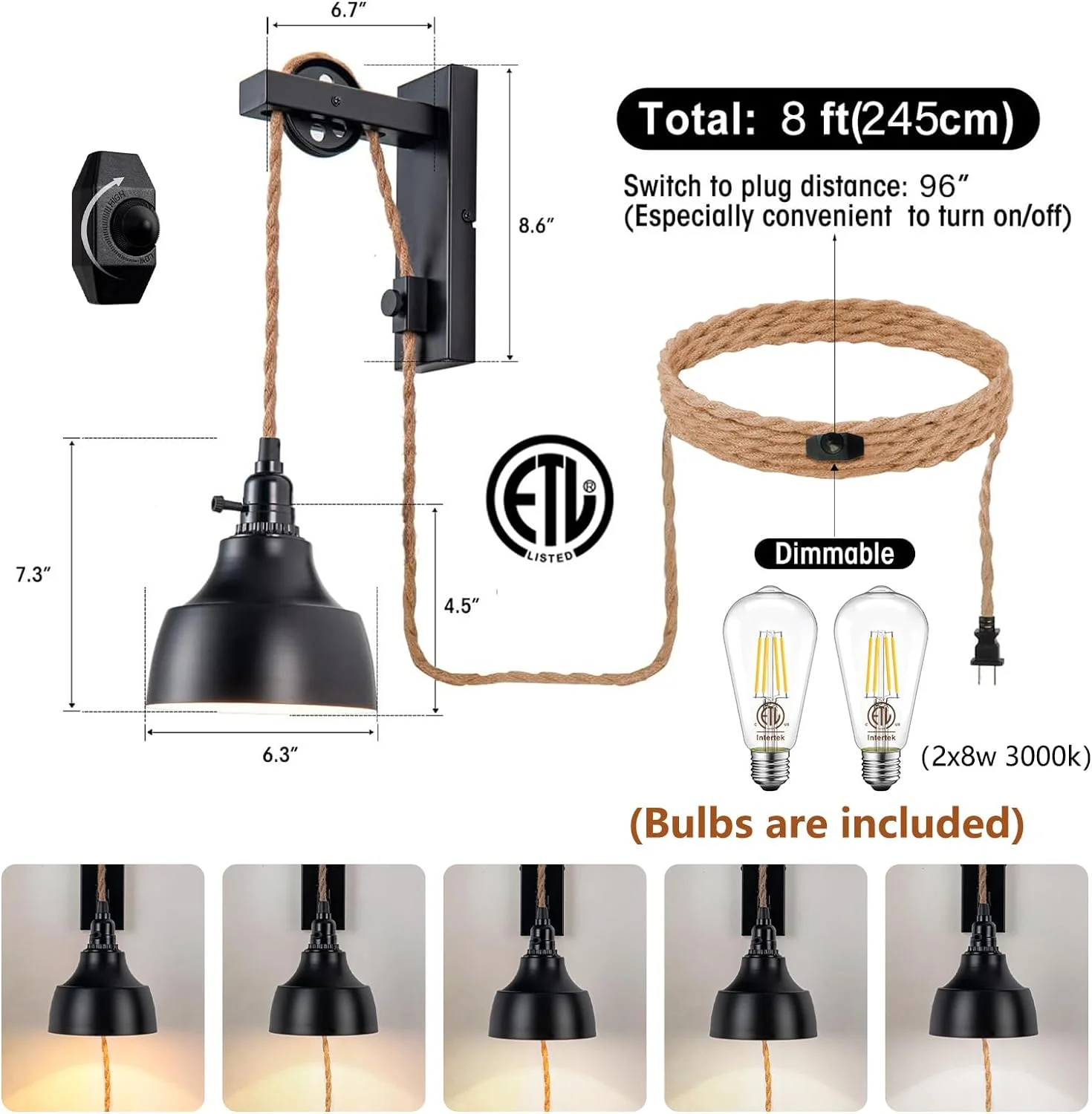 YOUB 8FT Dimmable Plug in Wall Sconces Pulley Wall Lamps Vintage Hanging Light Fixture Wall Lights with Plug in Cord On/Off Switch Set of Two Black Wall Lamp for Bedroom, Living Room and Hotel