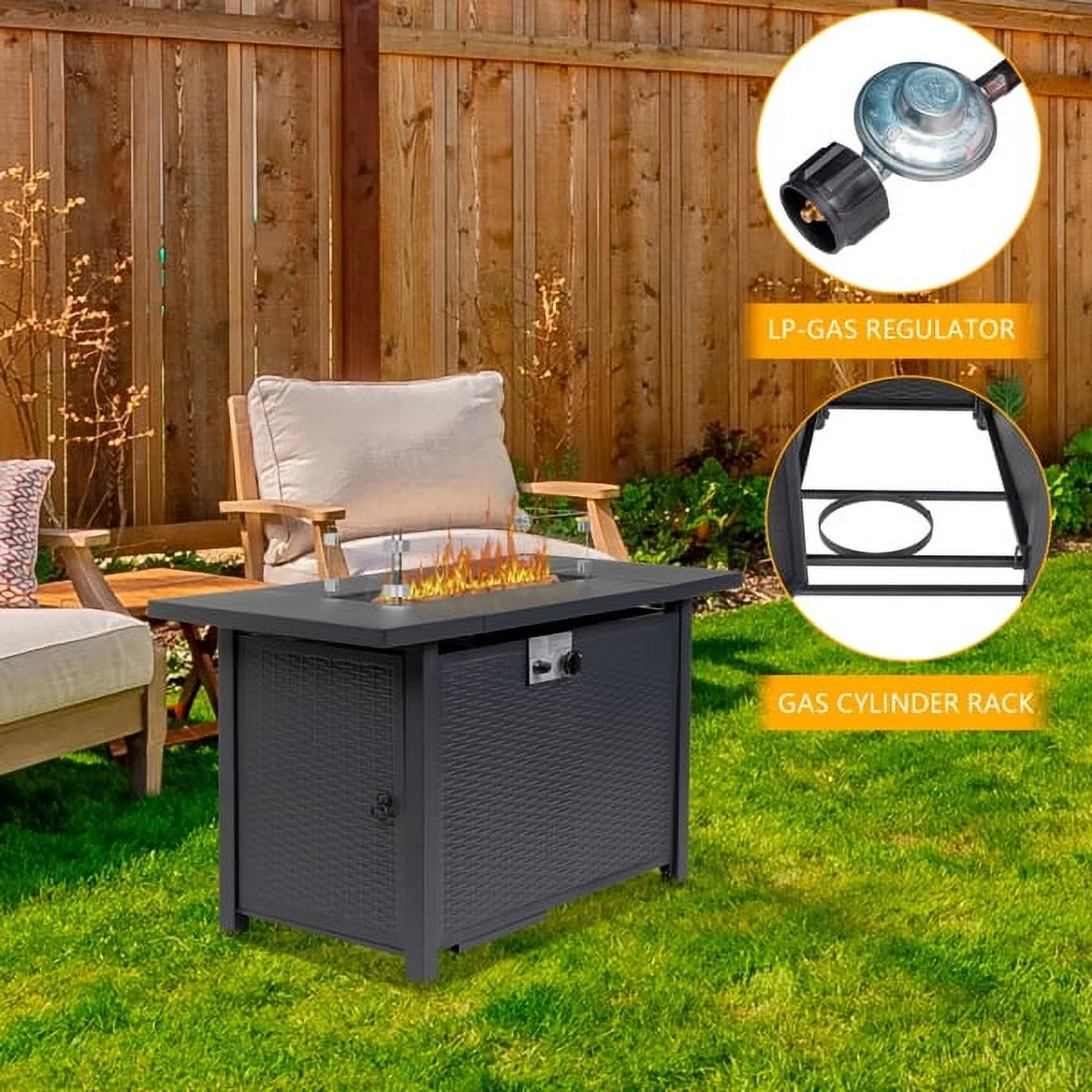 Capri 43-Inch Fire Table，50000 BTU Gas Firepit with Volcanic Stone Black