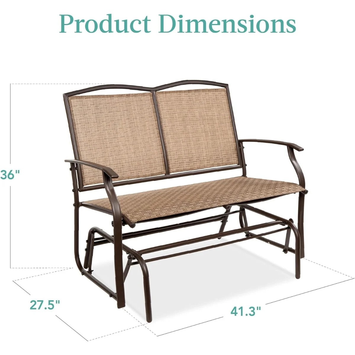 2-Person Outdoor Patio Swing Glider Steel Bench Loveseat Rocker for Deck, Porch w/Textilene Fabric, Steel Frame - Brown