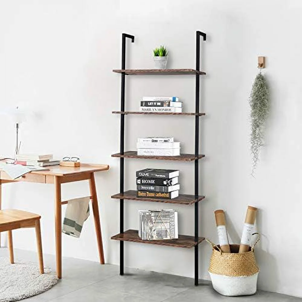 CDHJKKB Ladder  5 Tier Wall Mounted Bookcase with Metal Frame  Open Design Shelves  Room  Bedroom  Home  Office  Rustic Brown (23.6" L x 11.8" W x 70.9" H)