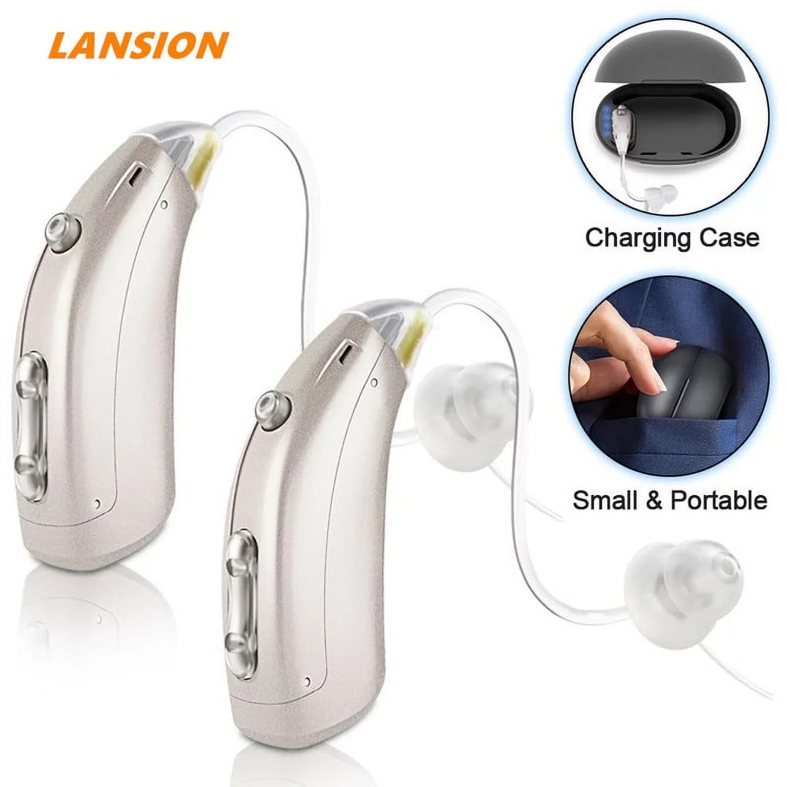 Lansion Personal Sound Amplifiers for Senior with Noise Cancelling, Rechargeable Mini Personal Sound Amplifiers TV Earbuds with Portable Charging Box, Suitable for Adults, Elderly, Children