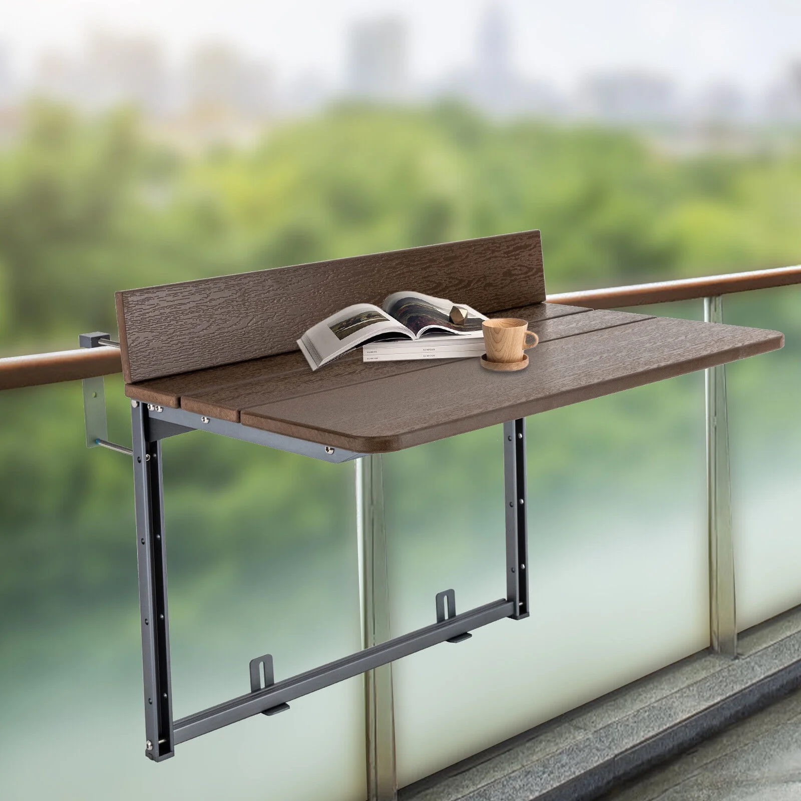 Miumaeov Balcony Bar Table Railing Folding Balcony Hanging Table with Adjustable Height for Outdoor Patio Porch Deck Punch-Free 99lbs Capacity