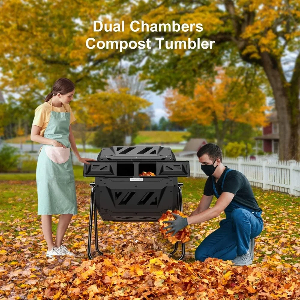 Compost Tumbler Bin Composter Dual Chamber 43 Gallon (Bundled with Pearson's Gardening Gloves) Black