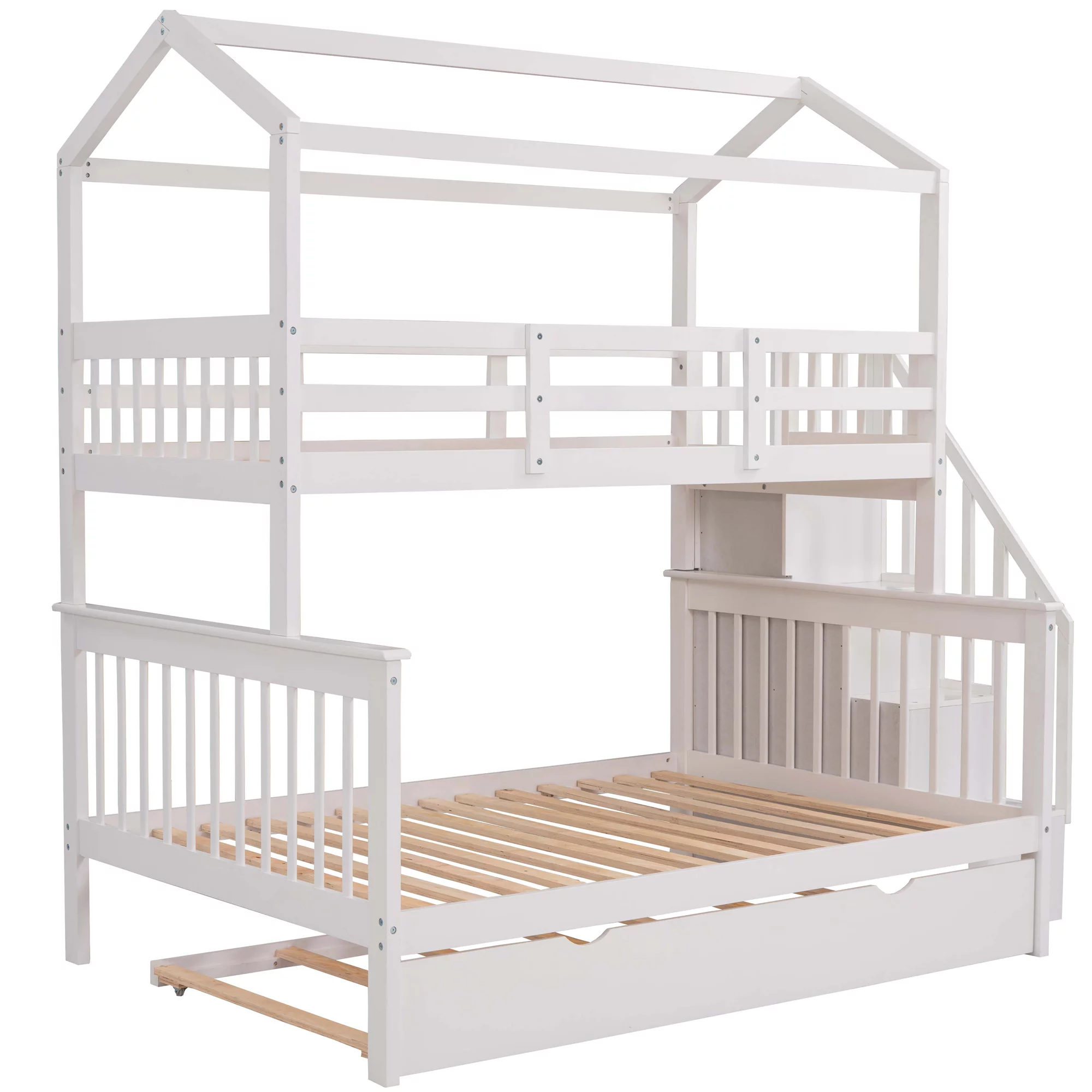 EUROCO Twin over Full House Bunk Bed with Trundle and Staircase, White