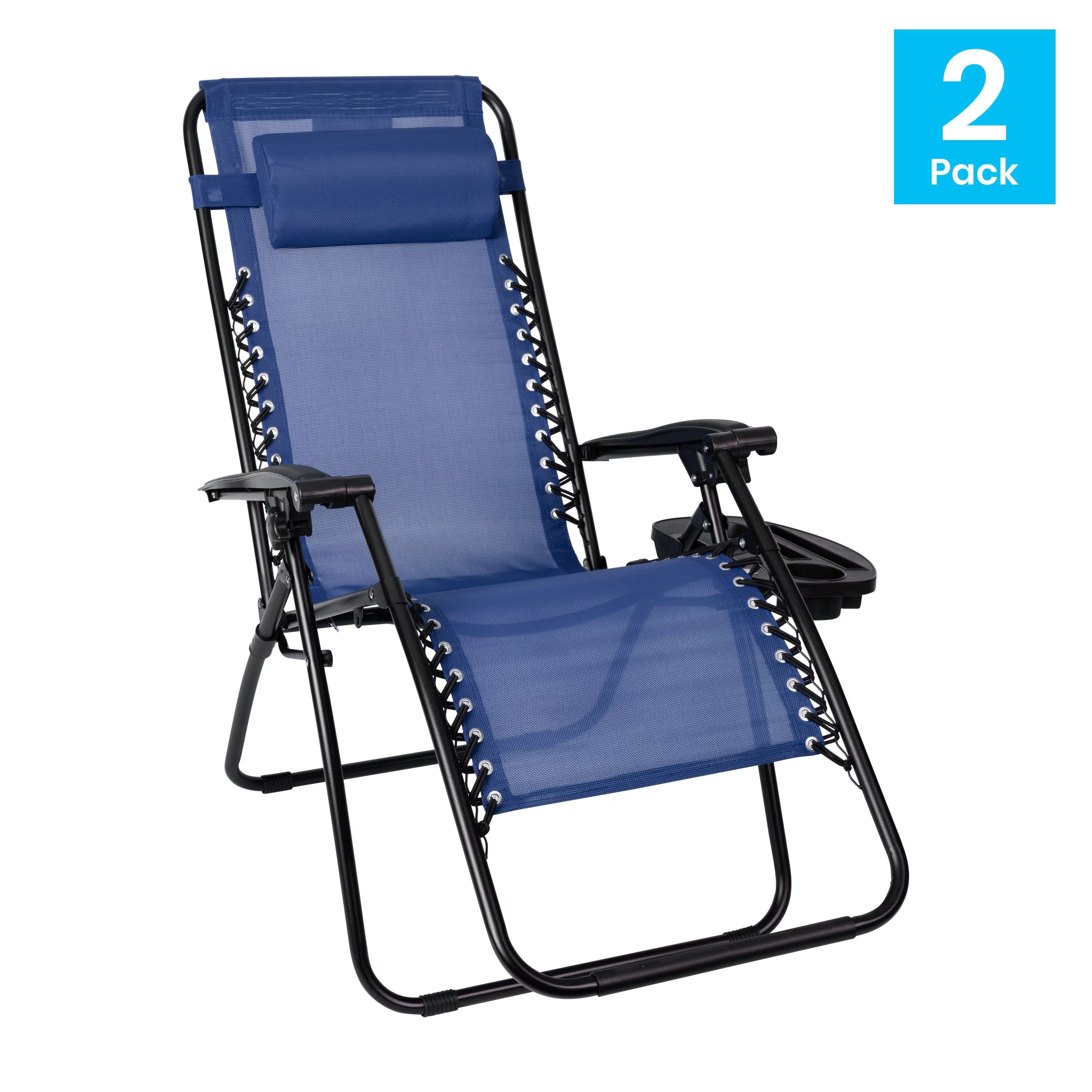 Merrick Lane Set of 2 Navy Folding Mesh Upholstered Zero Gravity Chair with Removable Pillow and Cupholder Tray