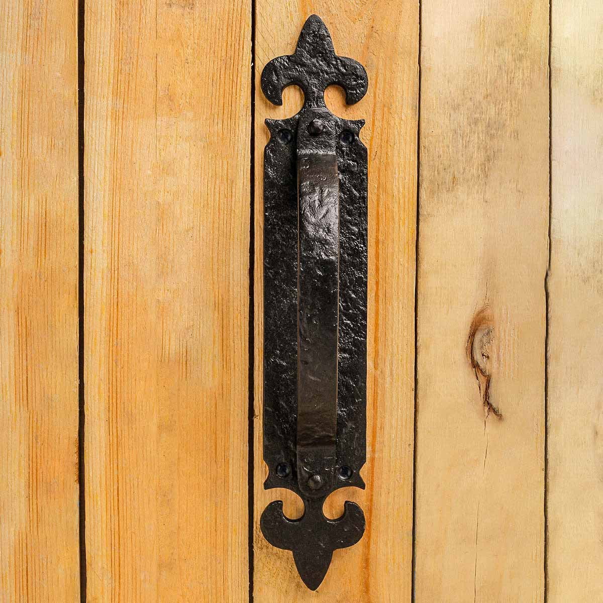 Decorative Large Door Handle 10.5 in. Use for Push Pull or Slide Doors in Wrought Iron Antique Colonial Forged Design in Black Fleur De Lis w/Screws Renovators Supply
