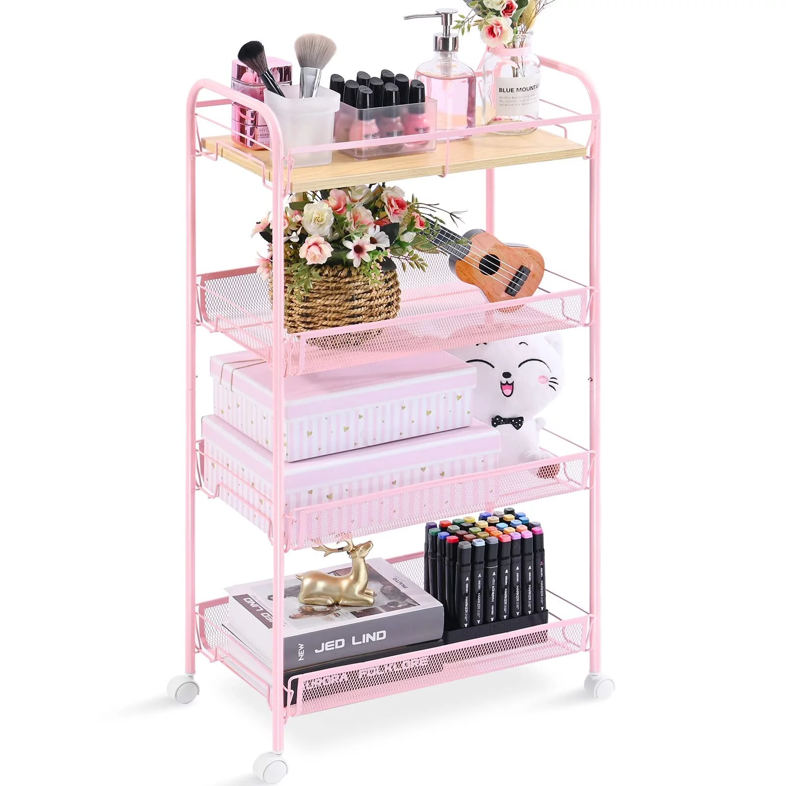 KK KINGRACK 4-Tier Rolling Cart, Mesh Storage Utility Carts with Wooden Tabletop for Kitchen Bathroom, Pink