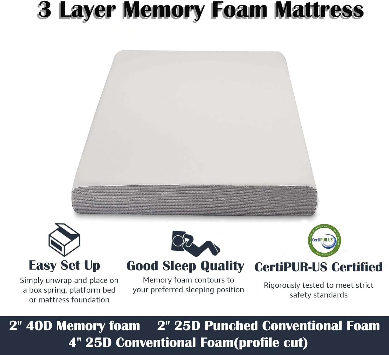 BMMB 8 inch Memory Foam Mattress, 3 Layer, Soft Plush, Twin Size, Adult