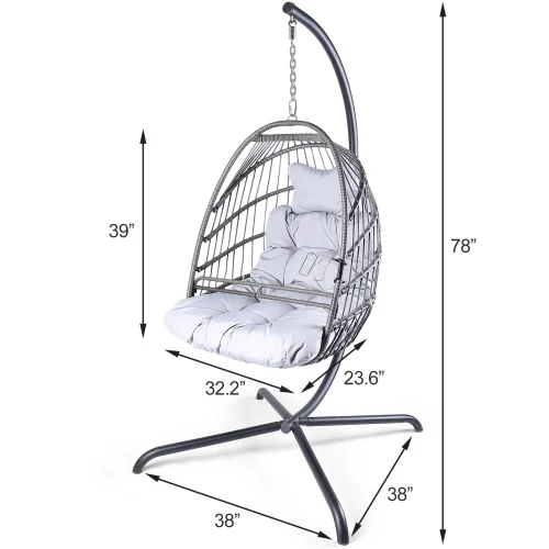 Qulable Swing Egg Chair with Stand Indoor Outdoor Wicker Rattan Patio Basket Hanging Chair with C Type bracket with cushion and pillow