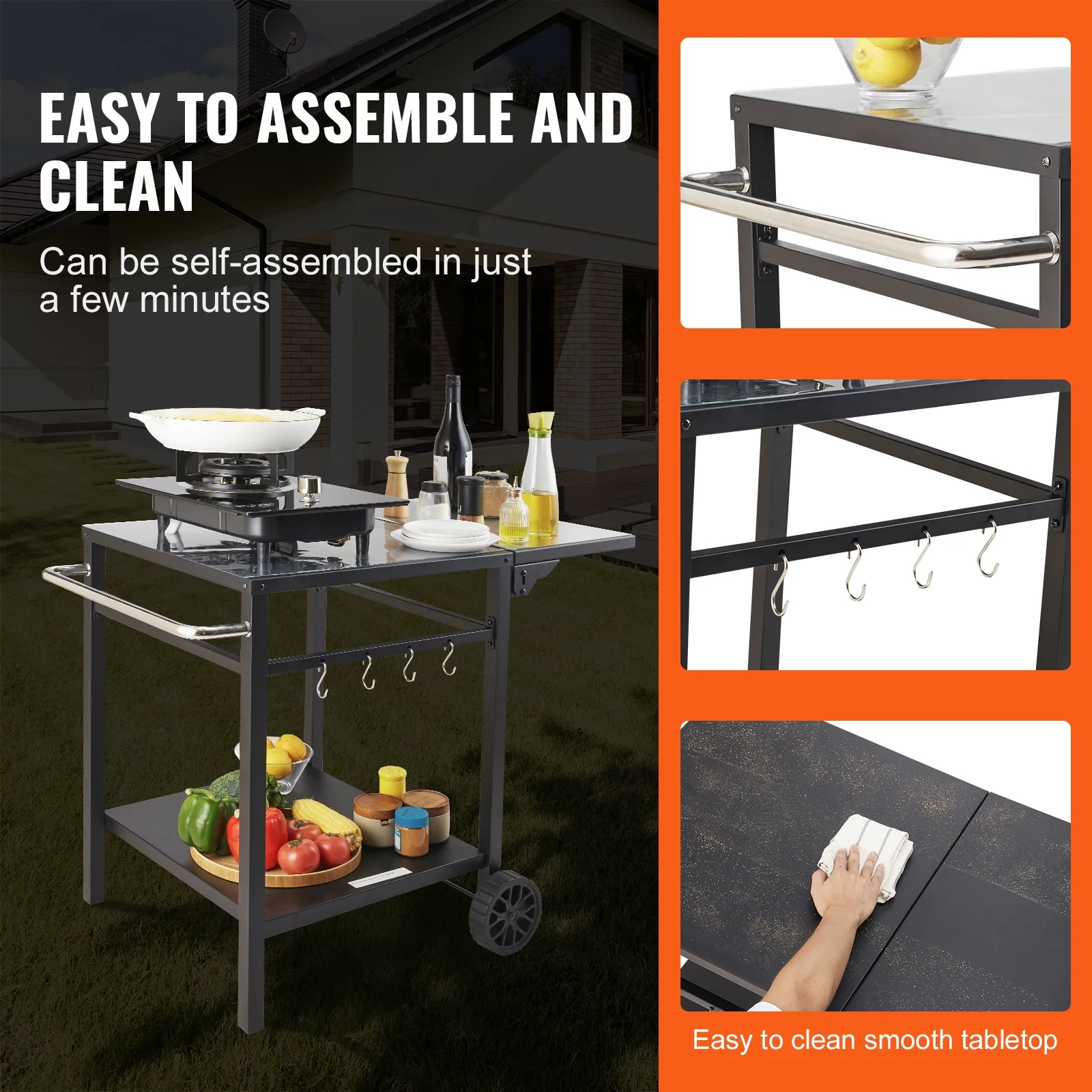 SKYSHALO BBQ Movable Outdoor Grill Dining Cart Double-Shelf Food Prep Trolley Patio
