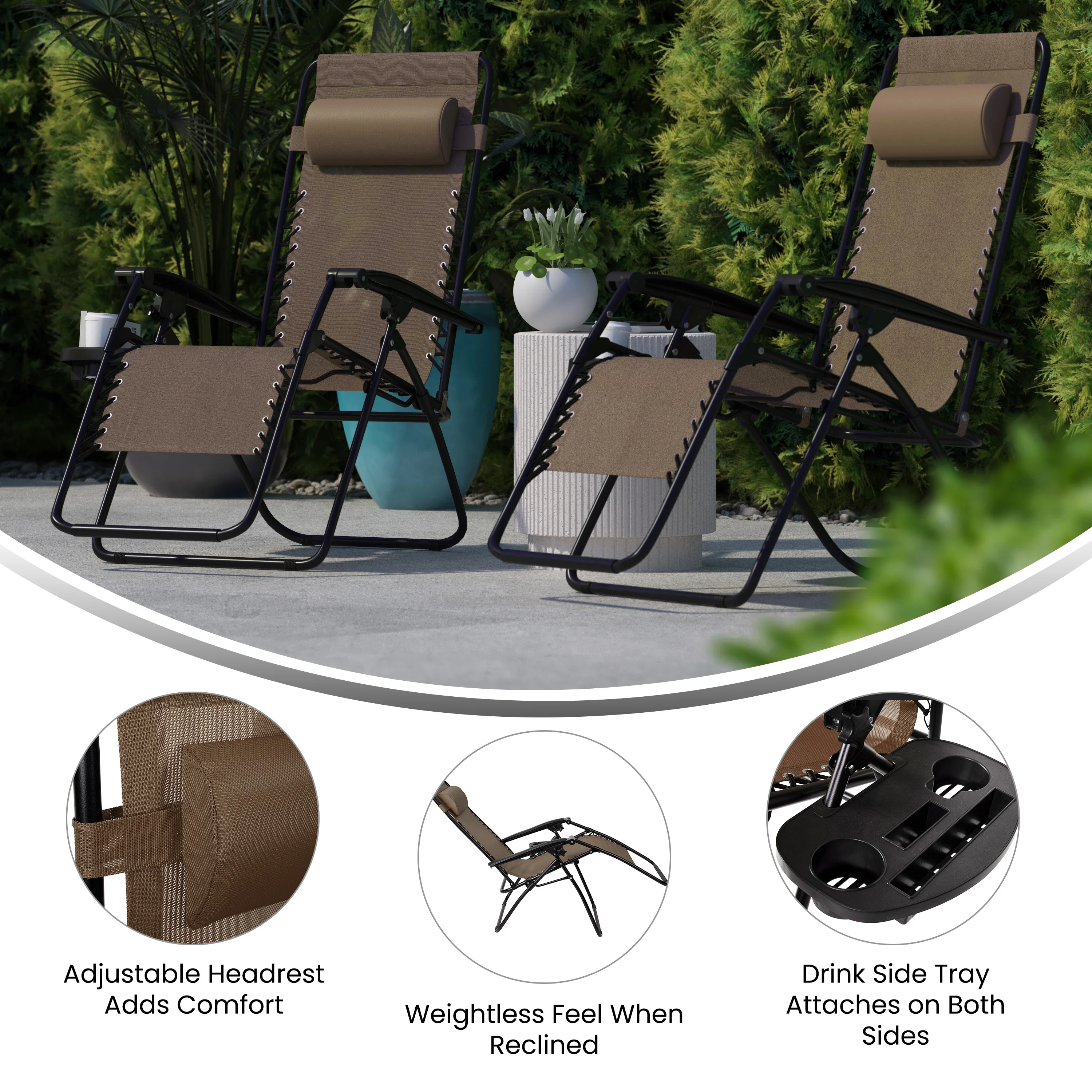 Emma + Oliver Adjustable Folding Mesh Zero Gravity Chair with Pillow and Cup Holder Tray in Brown