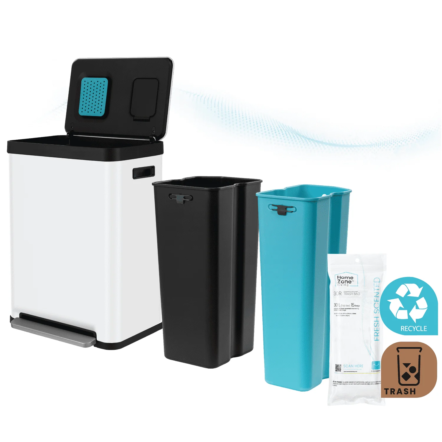 Home Zone Living 18.5 gal Kitchen Garbage Can with Cleanaura Pack, White