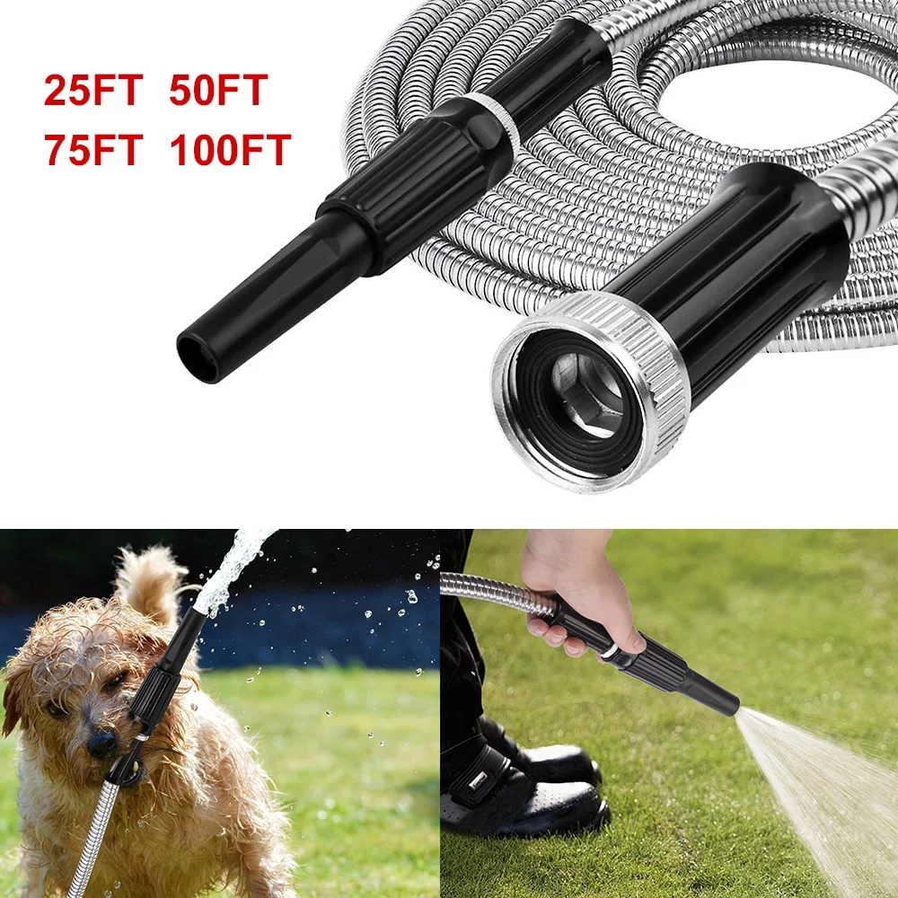 Lucky Monet 25/50/75/100FT  Stainless Steel Garden Water Hose w/ Adjustable Nozzle 25FT