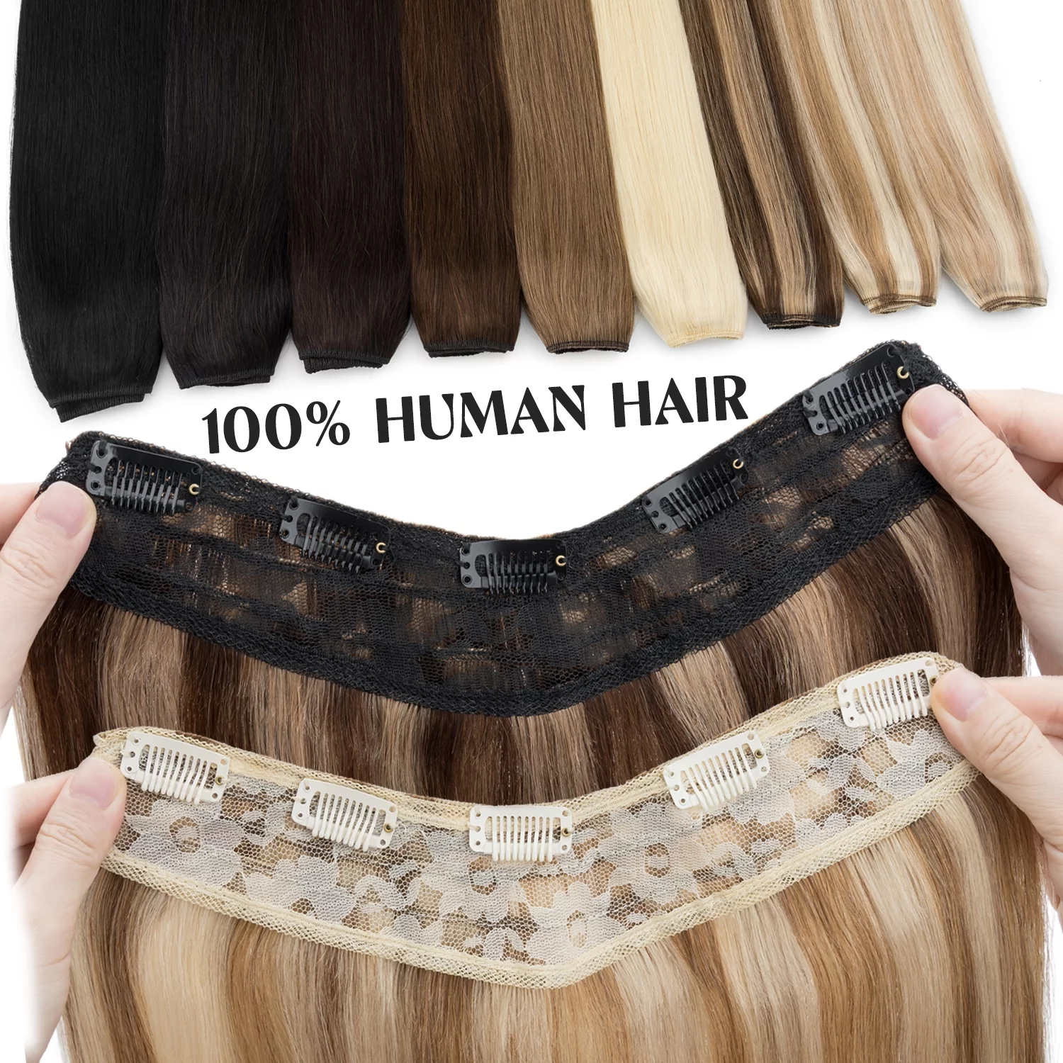Benehair One Piece V-Shaped Clip In Hair Extensions 100% Remy Real Human Hair Weft 3/4 Full Head Straight Hair U Shaped 12