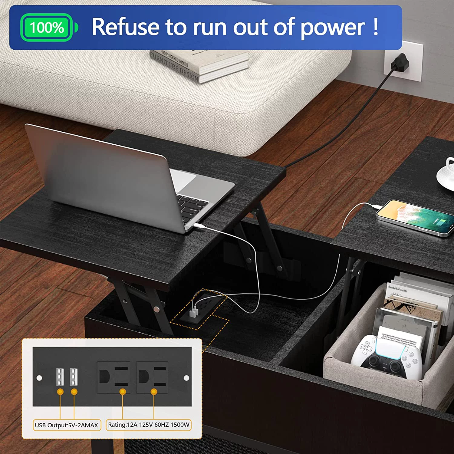 Lift Top Coffee Table with  for Living Room LED  39.4" Modern Square Center Tables with USB Charging Port  Black