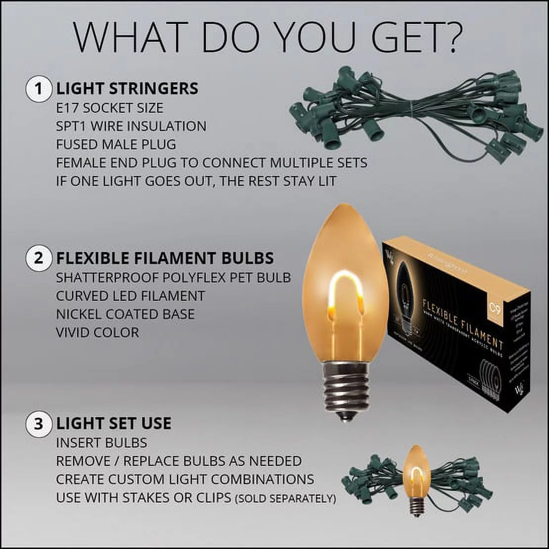 Wintergreen Lighting C9 LED FlexFilament Christmas Lights, Outdoor Vintage Filament Christmas Lights, Green Wire, Warm White PET Bulbs, 15 Lights, 15 ft
