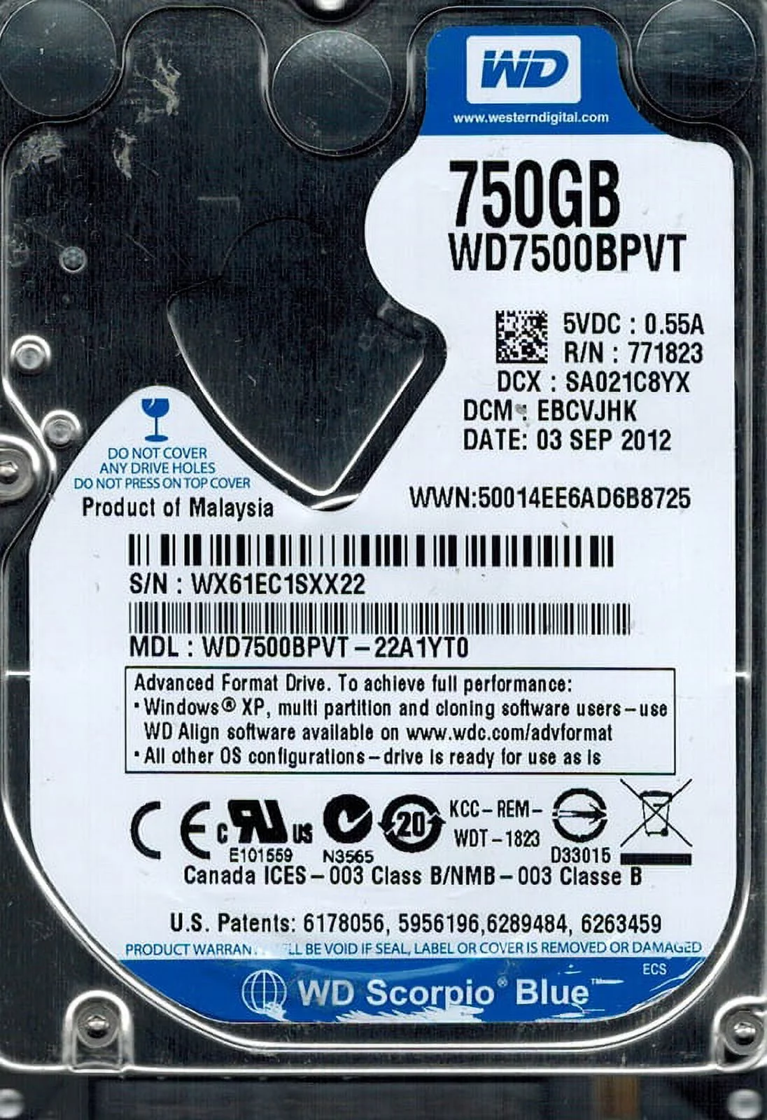Western Digital WD7500BPVT-22A1YT0 750GB DCM: EBCVJHK