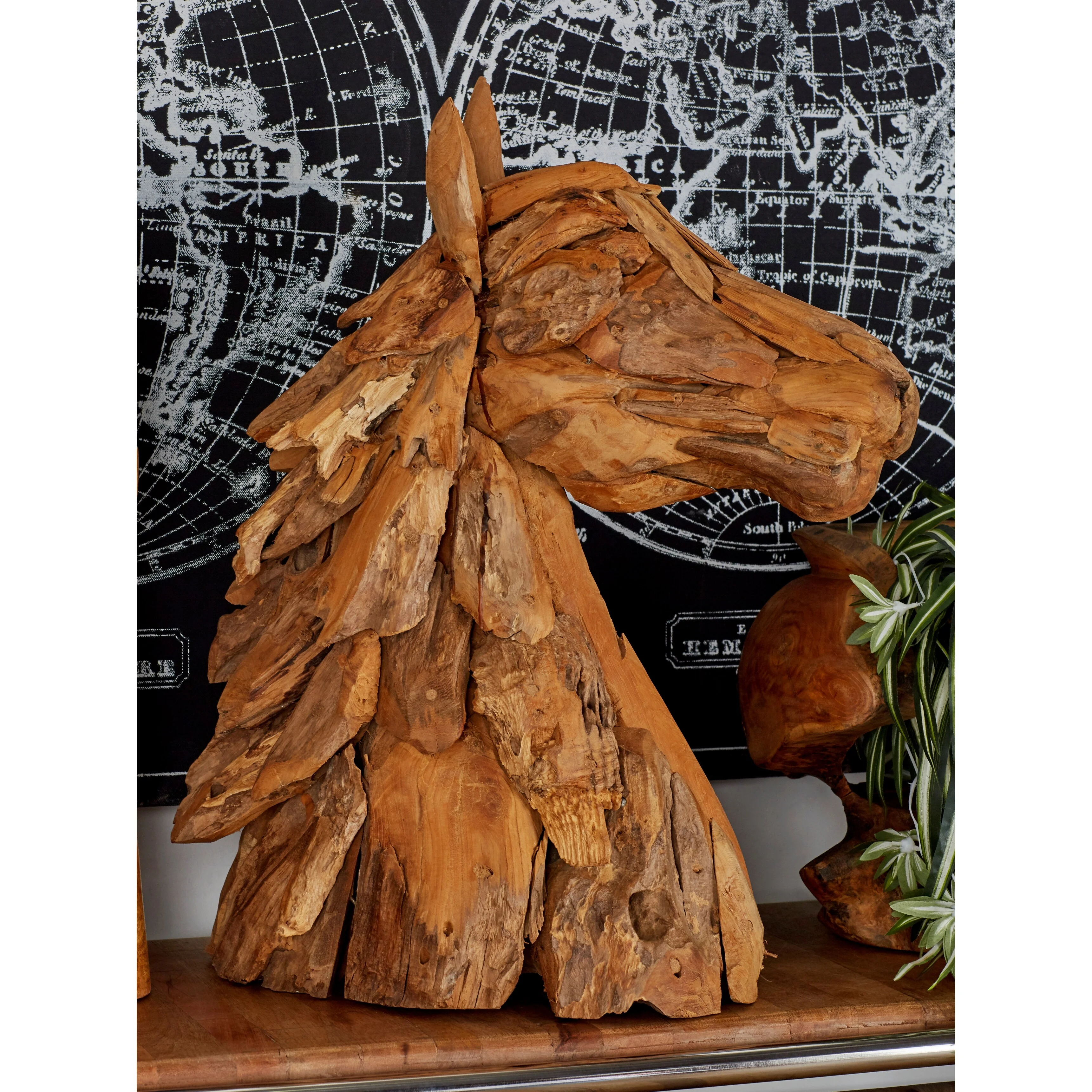Studio 350 Brown Teak Wood Handmade Head Horse Sculpture with Layered Woodchip Pieces