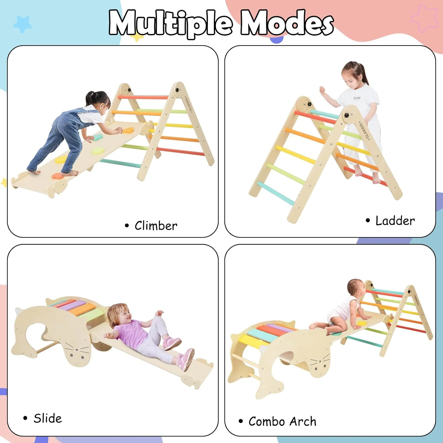 OLAKIDS Climbing Toys for Toddlers, 5 in 1 Foldable Wooden Pikler Montessori Jungle Gym with Ramp Slide Arch Rocker Angle Adjustable Ladder, Indoor Kids Activity Playground Baby Climber