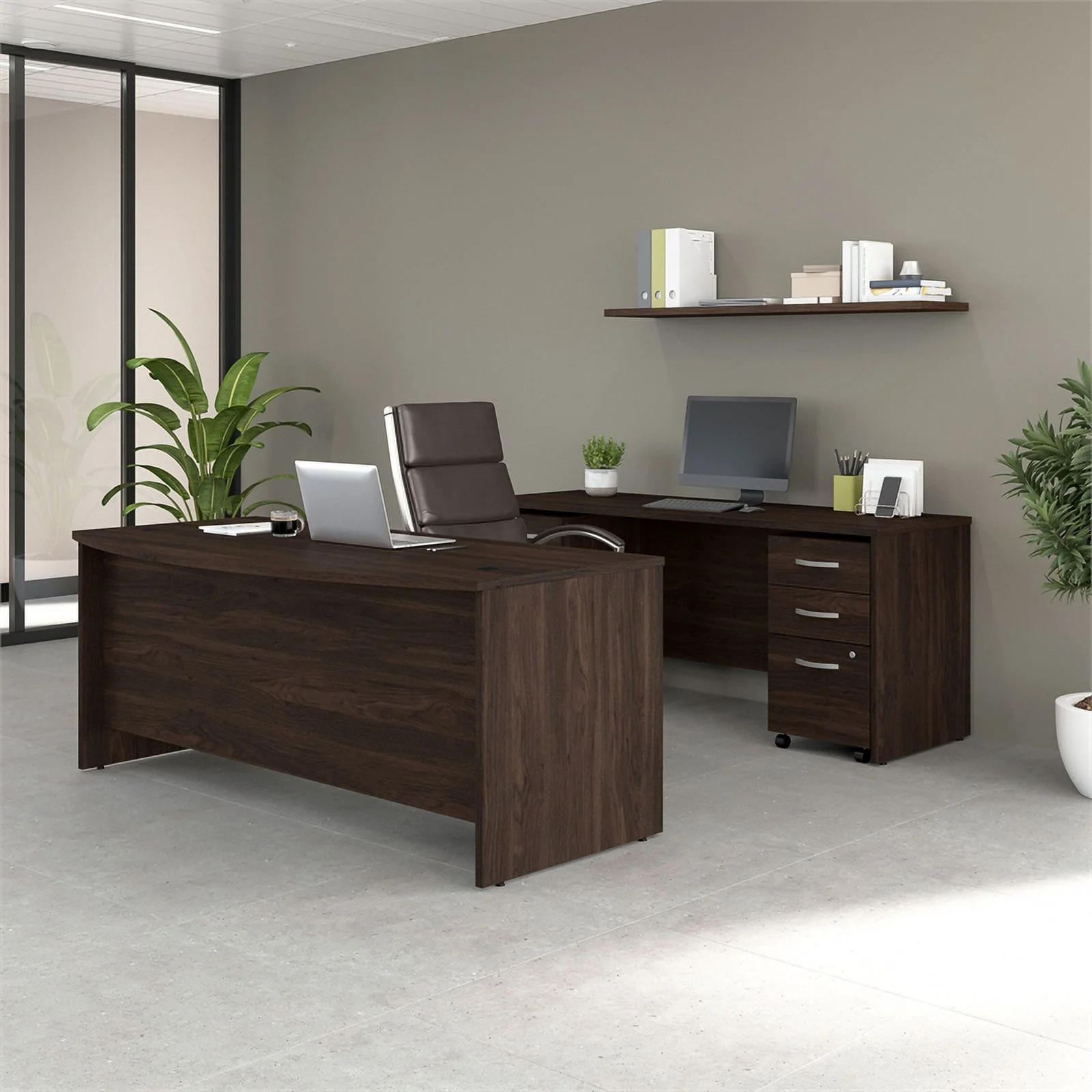 Bowery Hill 72W Desk Set with File Cabinets in Black Walnut - Engineered Wood