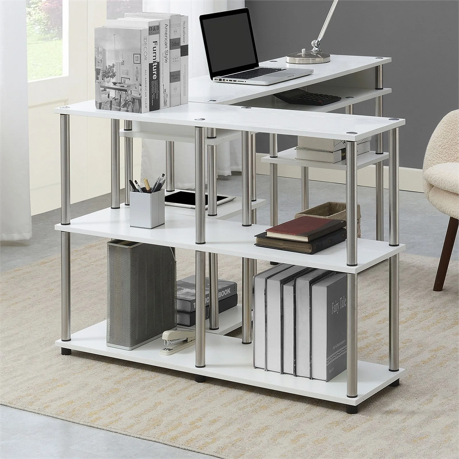 Pemberly Row No-Tools Console Table with Shelves in White Wood Finish