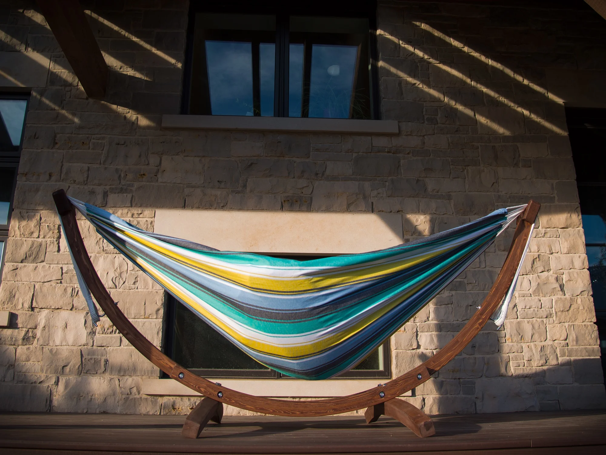 The Hamptons Collection 102” Blue and White Striped Brazilian Style Hammock with Stand