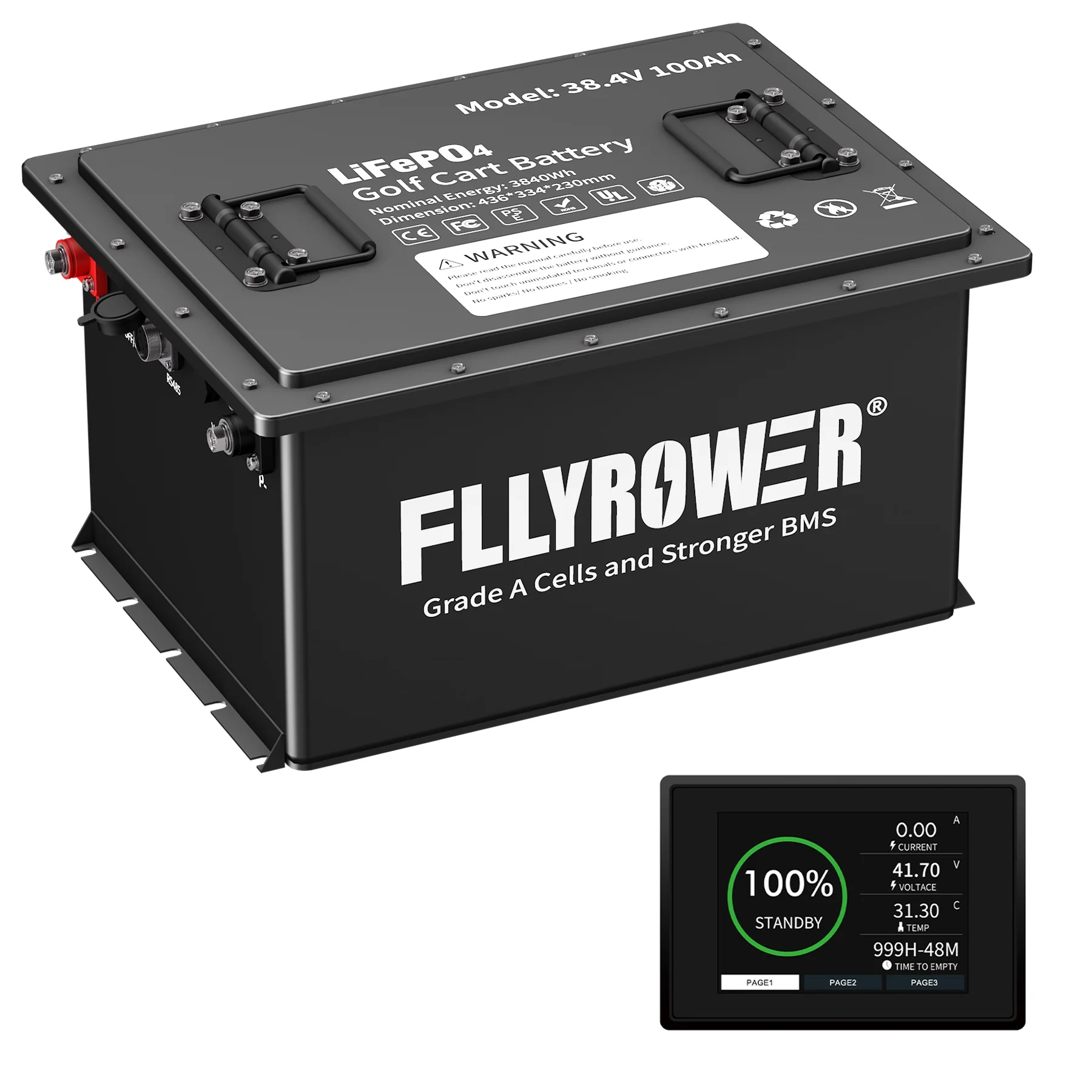 FLLYROWER Lifepo4 36V 100AH Golf Cart Battery with 200A BMS high Current Continuous Operation Grade A Cells 10000+ Deep Cycles Include Battery Monitor