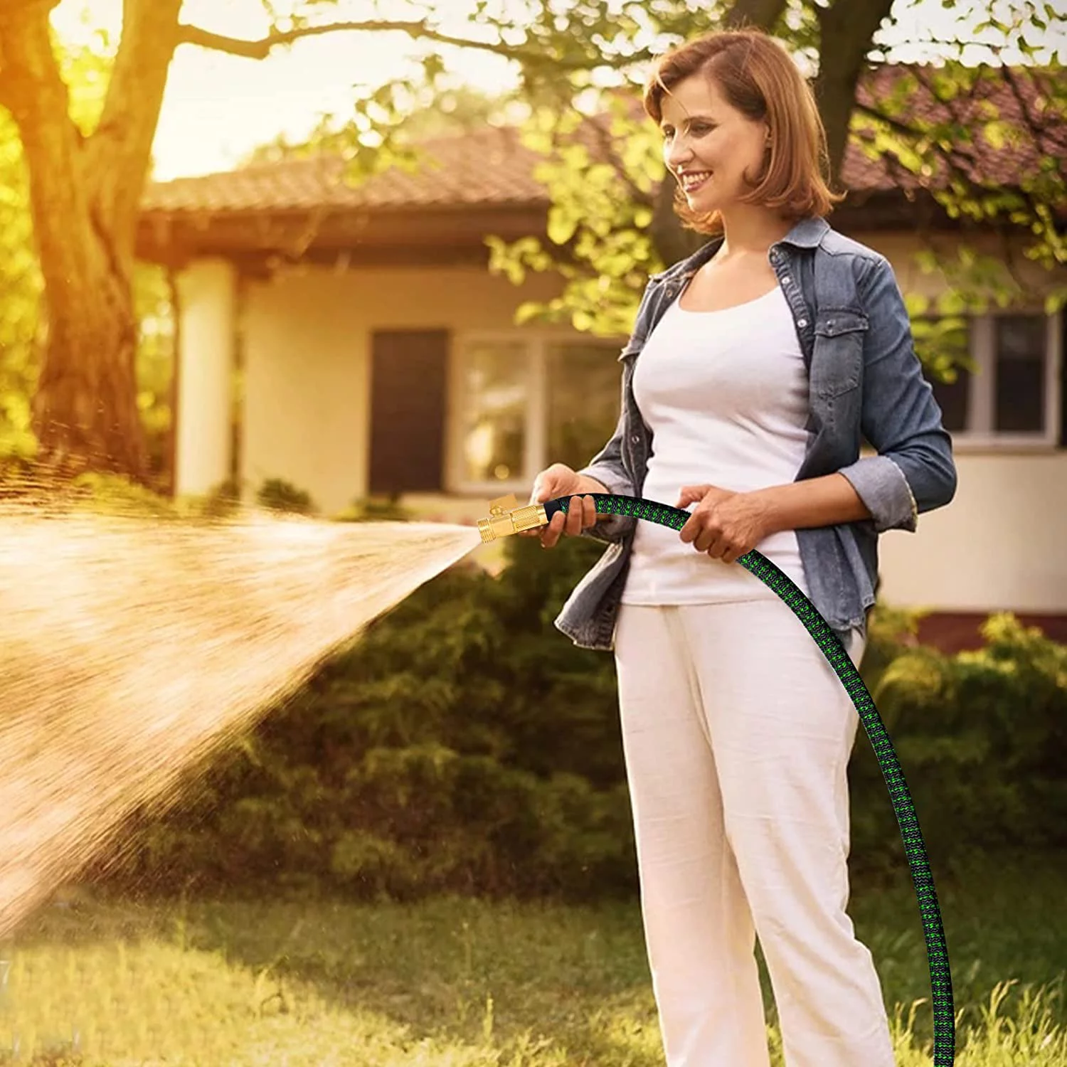 HBlife Garden Hose 100FT, Flexible Lightweight Expandable Hose Expanding Durable Water Hose with 3/4 Inch Solid Brass Fittings, Black and Green (Nozzle Sprayer Not Included)