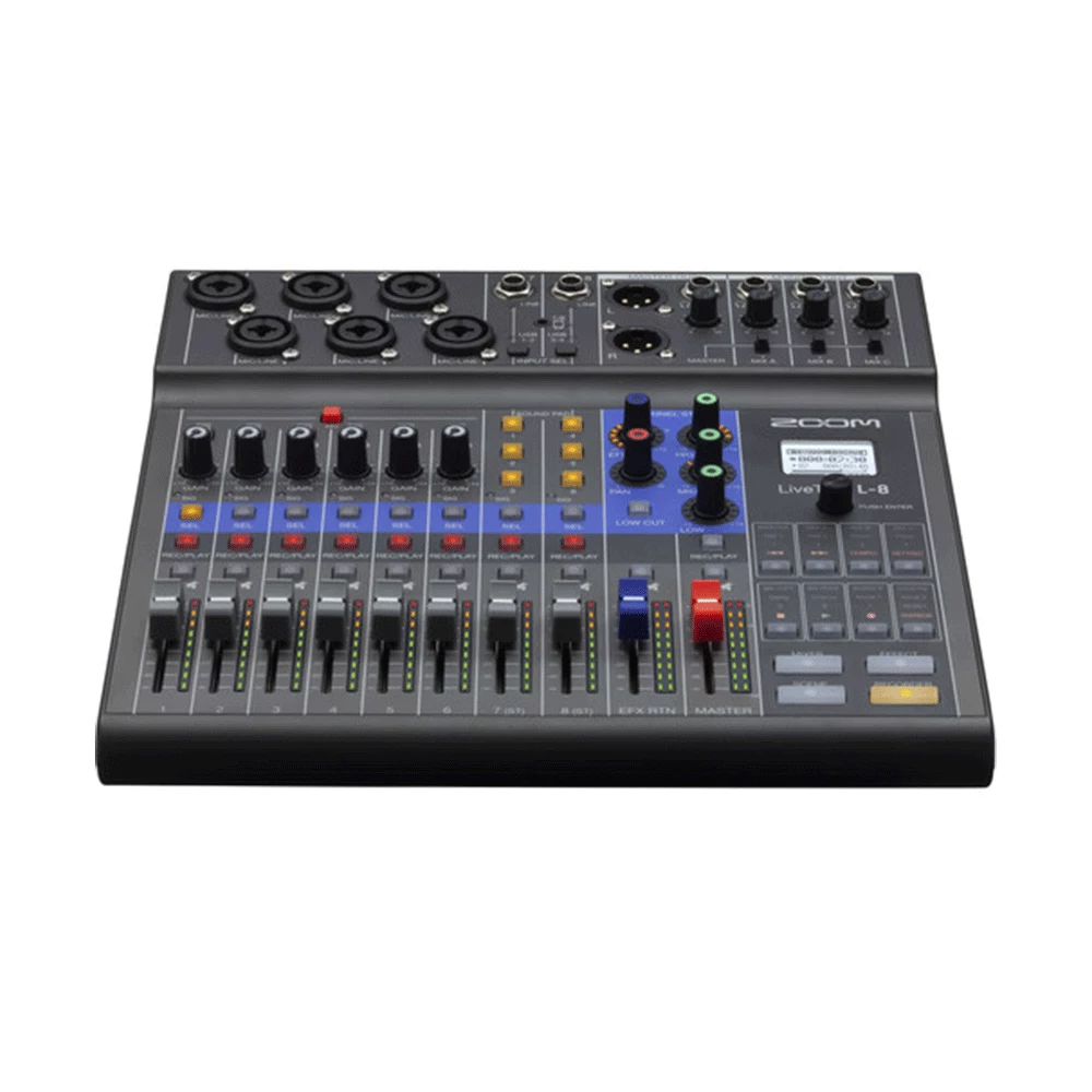 Zoom LiveTrak L-8 Portable 8-Channel Digital Mixer and Multitrack Recorder + 32GB Memory Card + Studio Headphones + Stereo Mini Male Cable + Mic Cables - Valued Bundle
