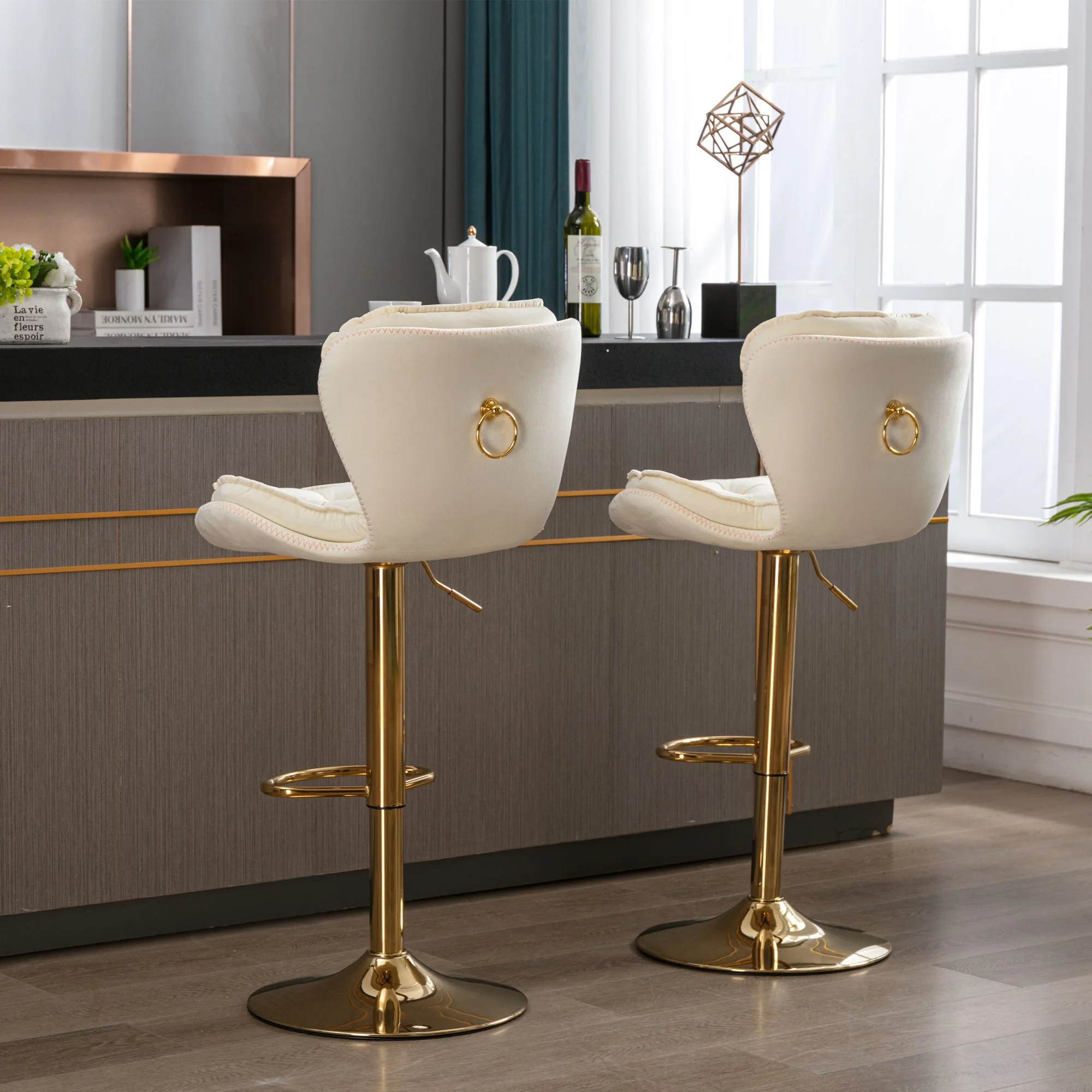 24-33 Inch Velvet Swivel Bar Stools with Back, Velvet Upholstered Adjustable Bar Height Barstool Stools Island Chairs with Gold Metal Base Bar, Bar Counter, Dining Room, Coffee(Cream,Set of 4)