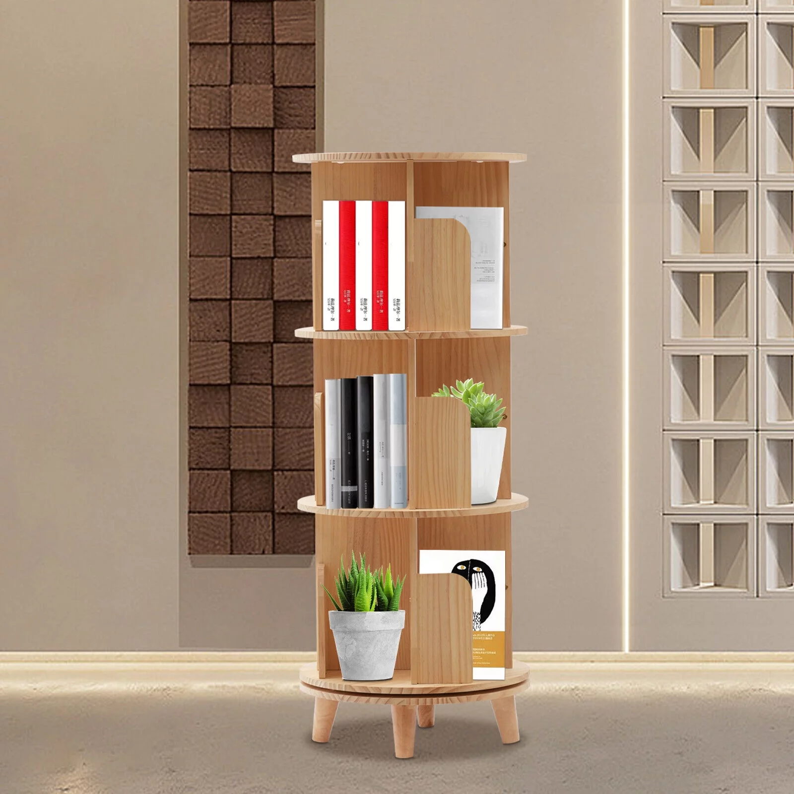 3 Tiers 360° Rotating Bookshelf Wood Bookcase Storage Shelf Freestanding Display Rack