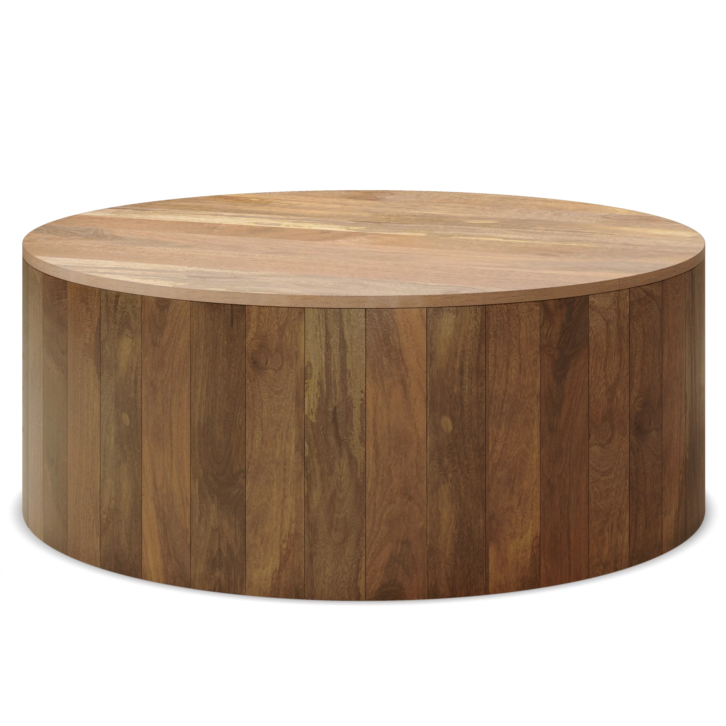 Simpli Home Millbury SOLID MANGO WOOD 36 inch Wide Round Modern Industrial Drum Coffee Table in Natural, Fully Assembled
