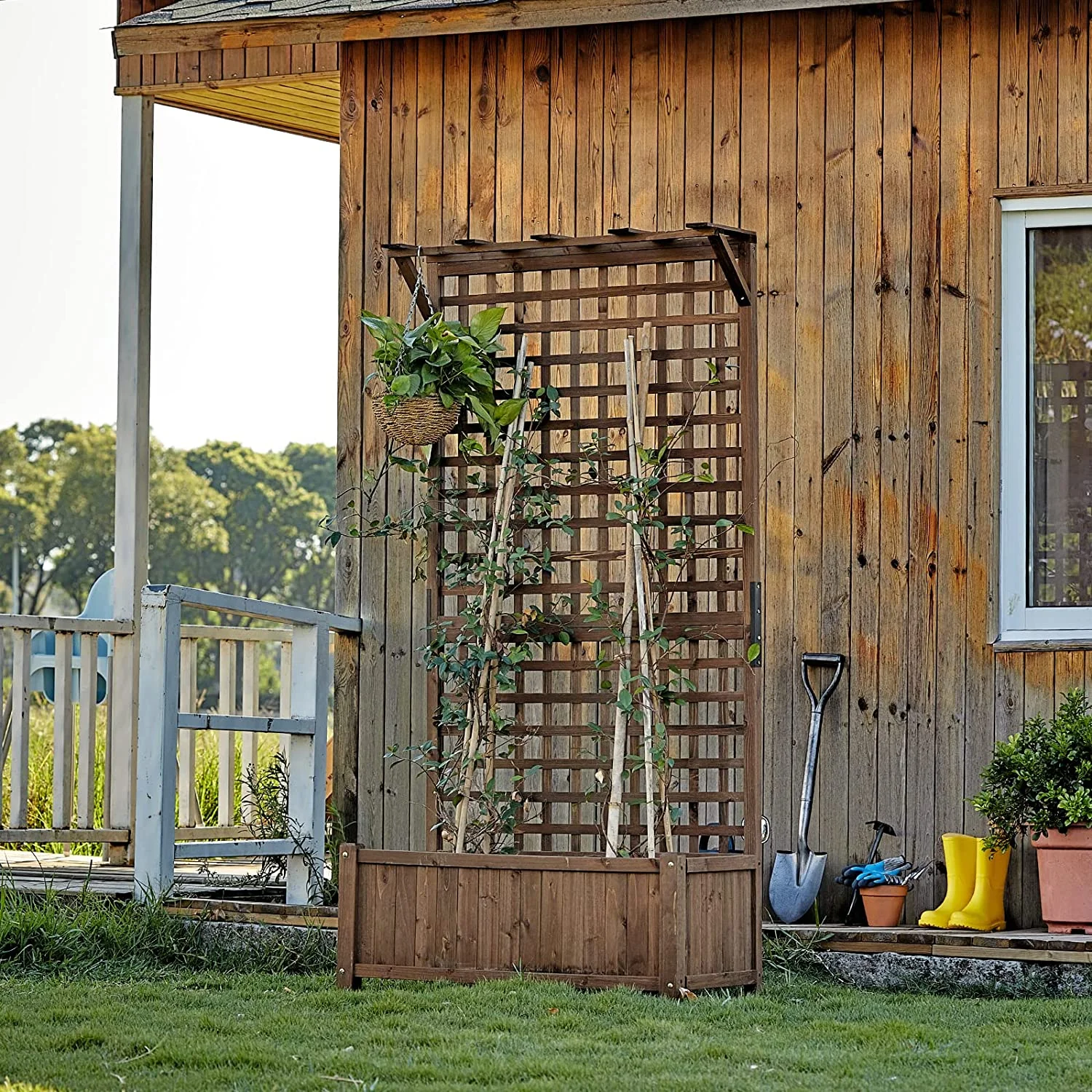 Wood Planter with Trellis Set of 2 Raised Bed Planting with 36 Inch Widen 72 inch Height Brown