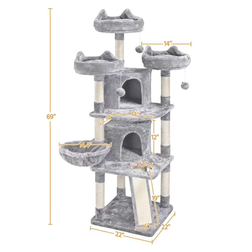 Yaheetech 69'' Cat Tree Cat Tower with Caves Condos & Scratching Posts, Light Gray