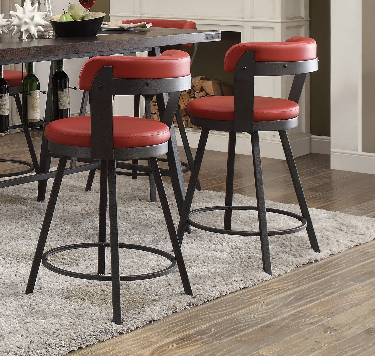 LANTRO JS Metal Base 24 inch Counter Height Chairs Set of 2pc Red Seat 360 degree Swivel Faux Leather Upholstered Dining Room Furniture