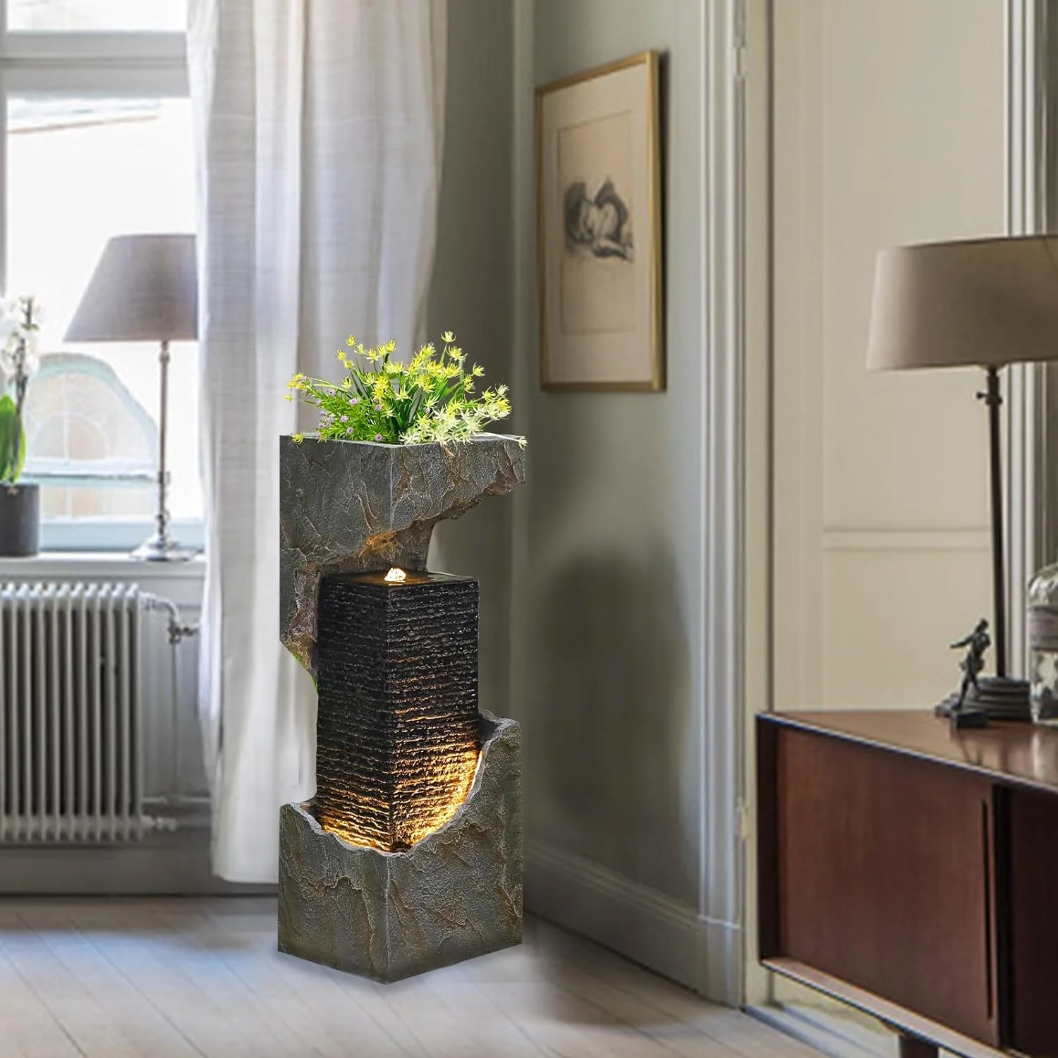 Water Fountain Outdoor Garden 35.4H Waterfall Fountain Outdoor Indoor Modern with Led Lights and Pump for Garden, Patio, Deck, Backyard, Porch and Home Art Decor