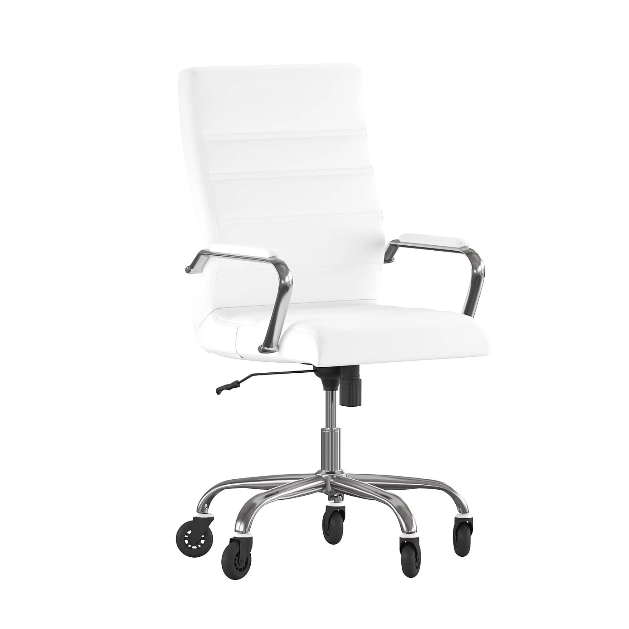 Whitney High Back White LeatherSoft Executive Swivel Office Chair with Chrome Frame, Arms, and Transparent Roller Wheels