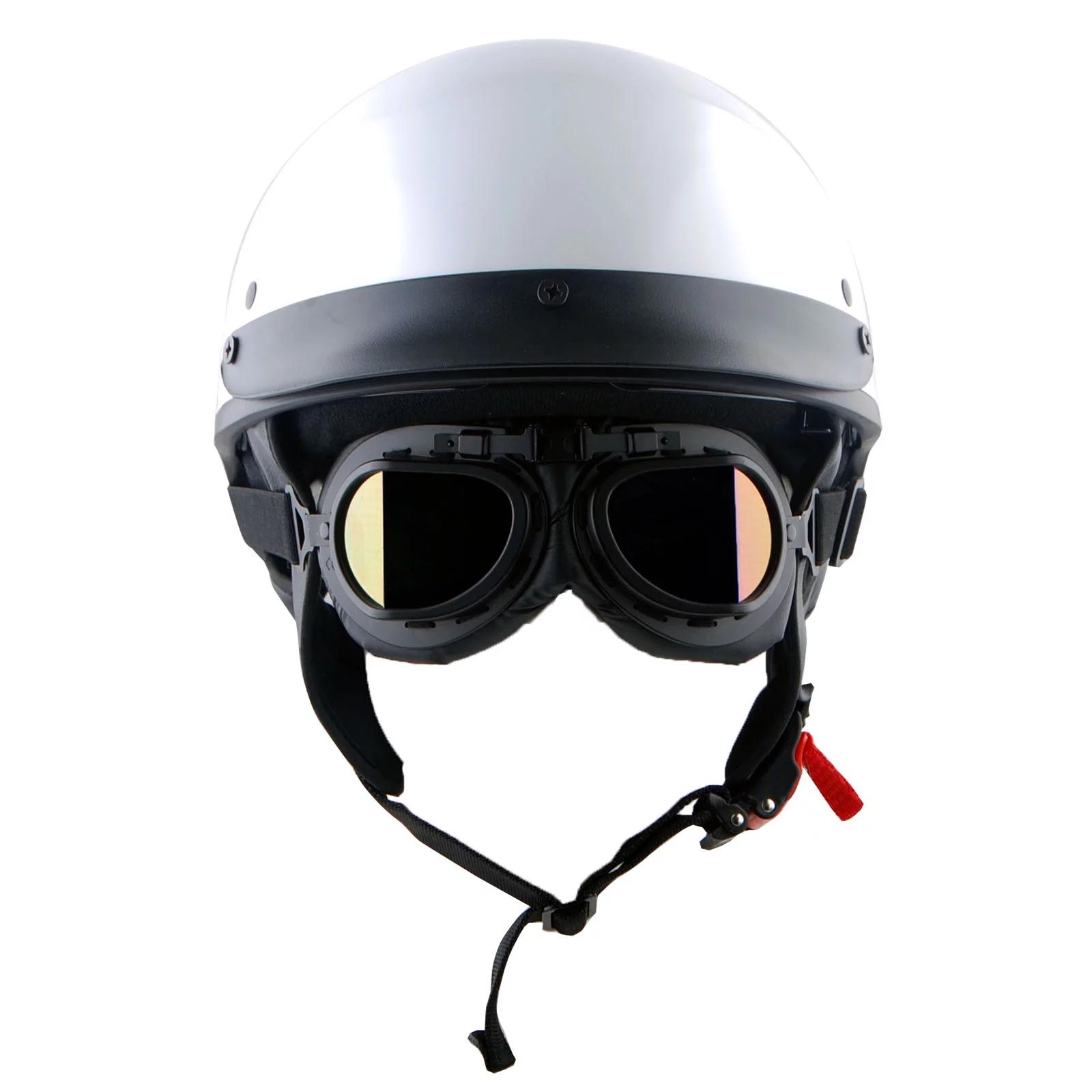 1Storm Motorcycle Half Face Helmet HKY205V Mopeds Scooter Pilot with retractable Inner Smoked Visor, Glossy White + T008 Black Tinted Goggle Bundle
