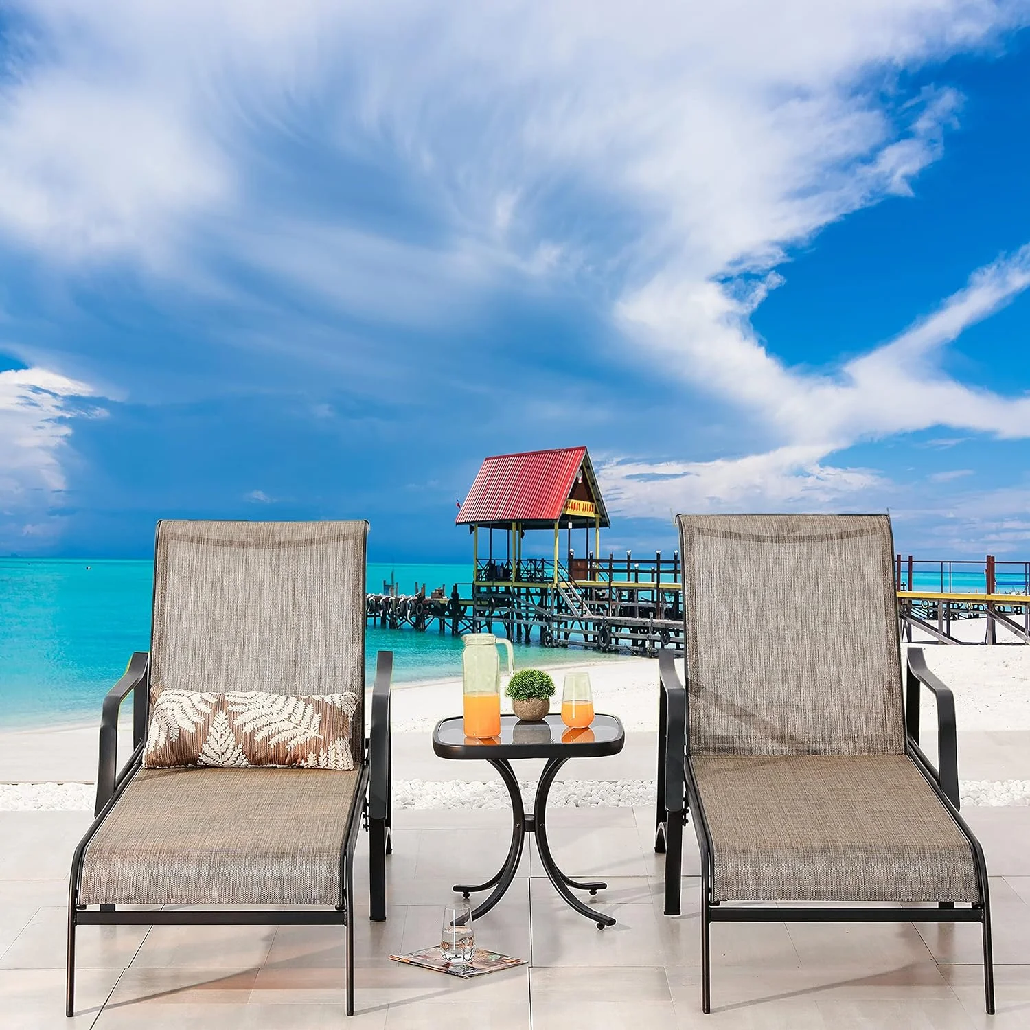 3 Pieces Outdoor Chaise Lounge Set Patio Pool Chairs Adjustable Back Steel Teslin With Coffee Table, Grey