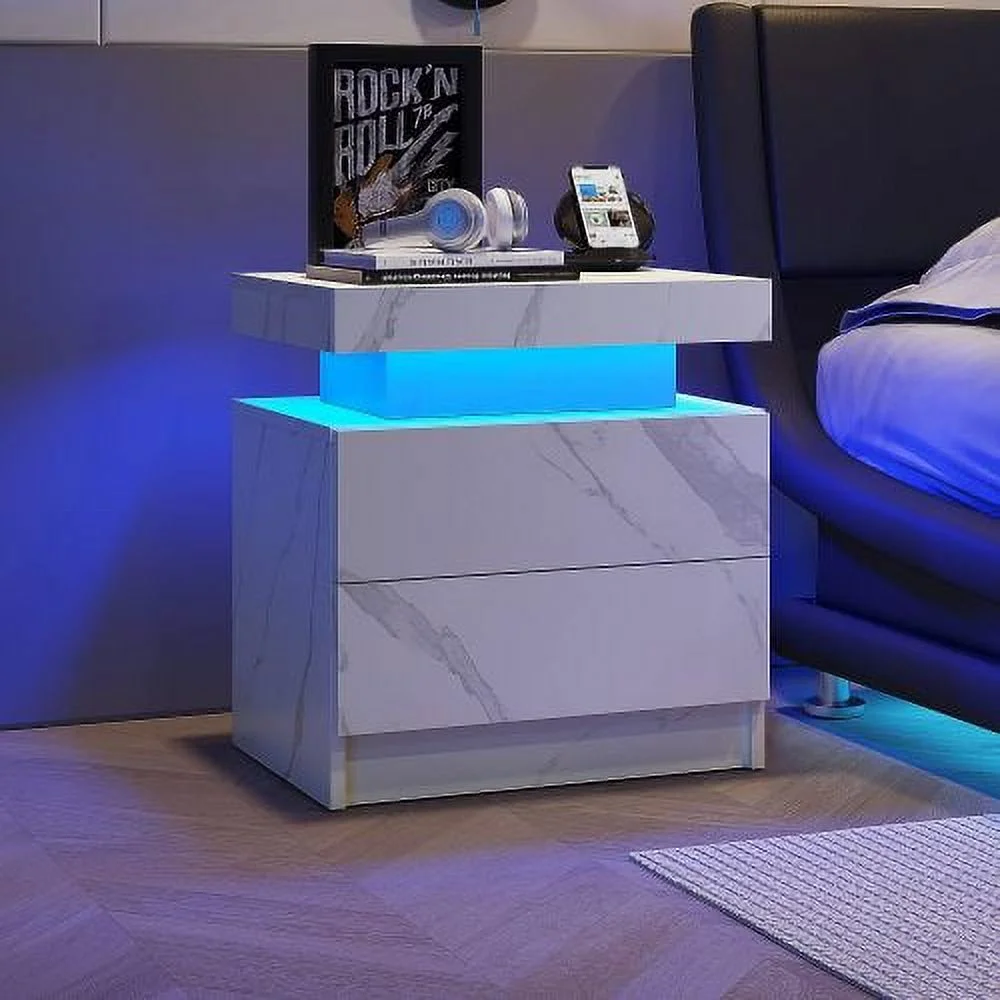 DremFaryoyo Nightstand LED Bedside Table Cabinet Lights Modern End Side with 2 Drawers for Bedroom (White Stone)