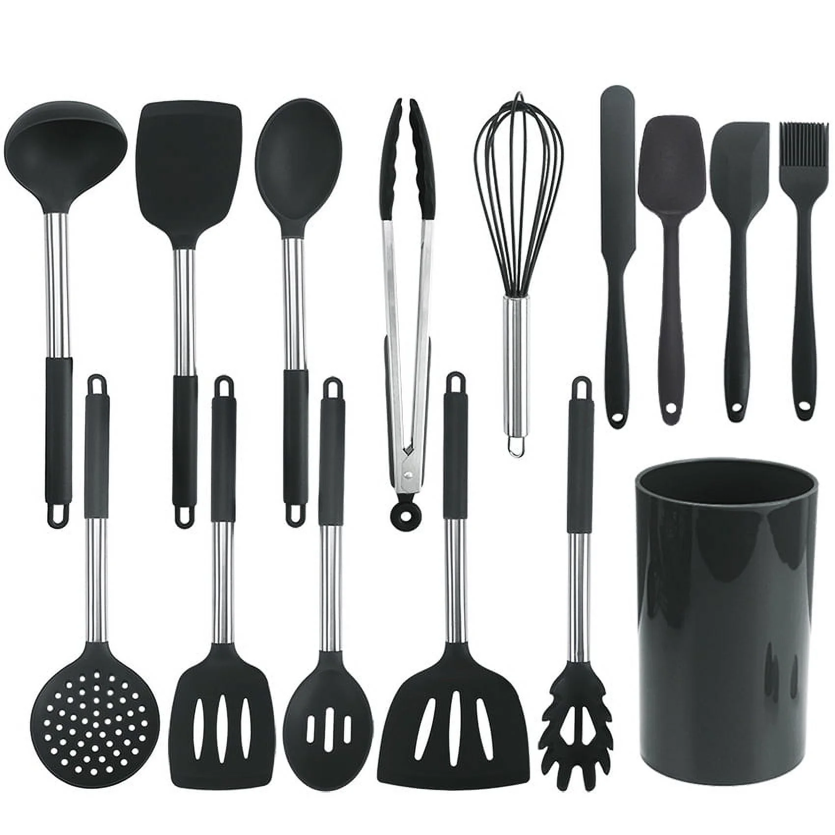 Black Stainless Steel Silicone Handle Kitchen Utensils 15-Piece Set Storage Bucket Kitchen Tools Spatula
