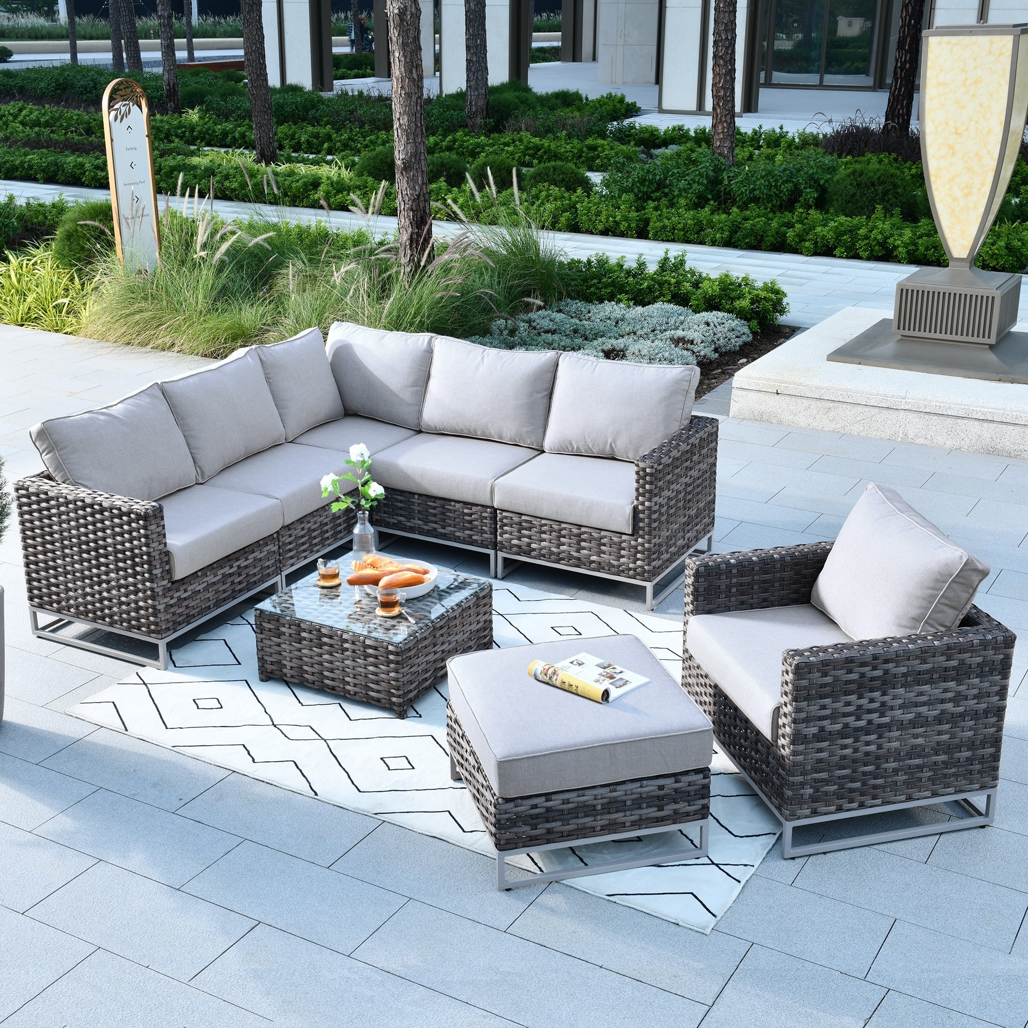 OVIOS  Patio Furniture Deep Seat Wicker Metal Frame 8-piece Set with Cushions with Table Grey/Black Wicker