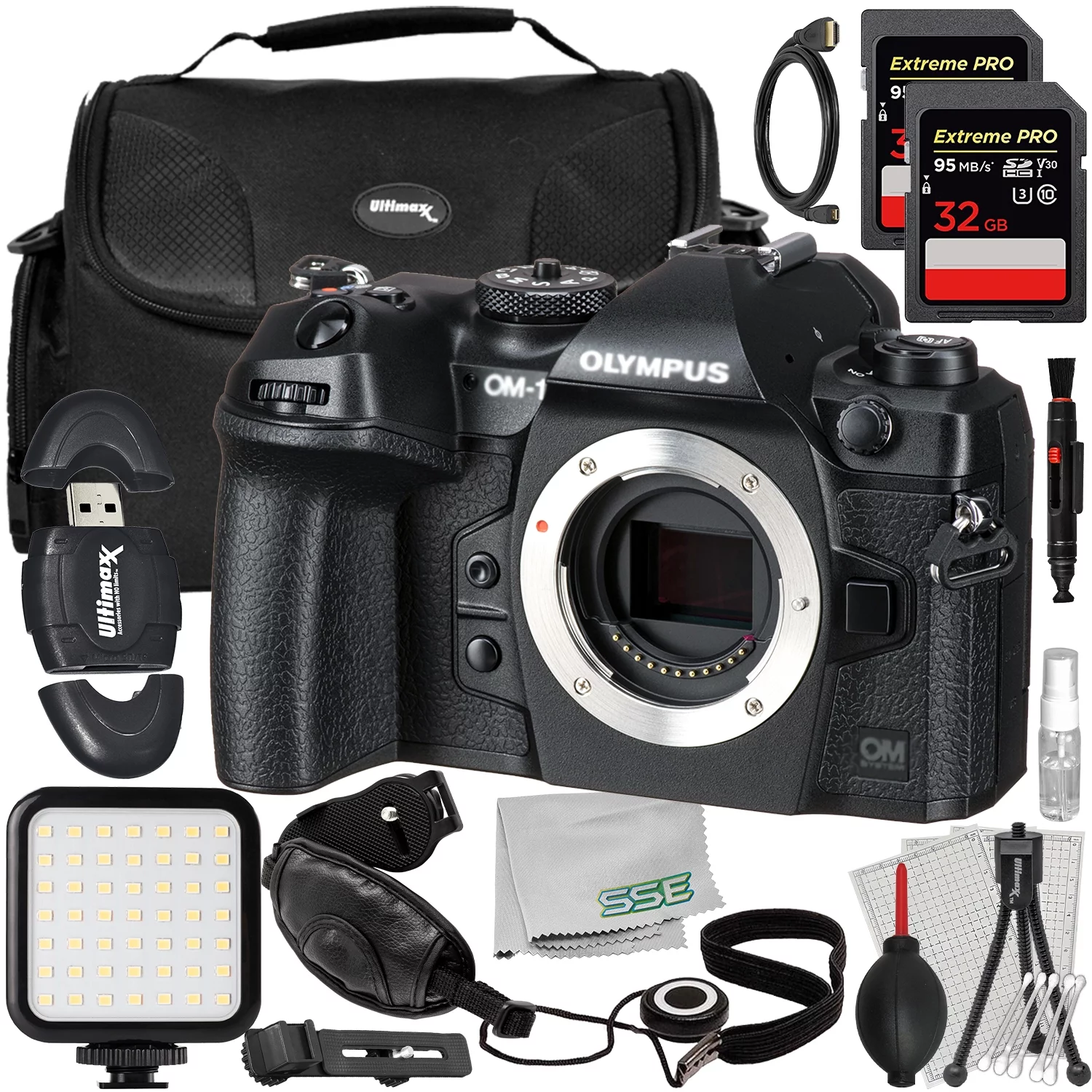 Ultimaxx Starter OM SYSTEM OM-1 Mirrorless Camera Bundle (Body Only) - Includes: 2x 32GB Extreme Pro SDXC’s, Ultra-Bright LED Light Kit, Water-Resistant Gadget Bag & More (23pc Bundle)