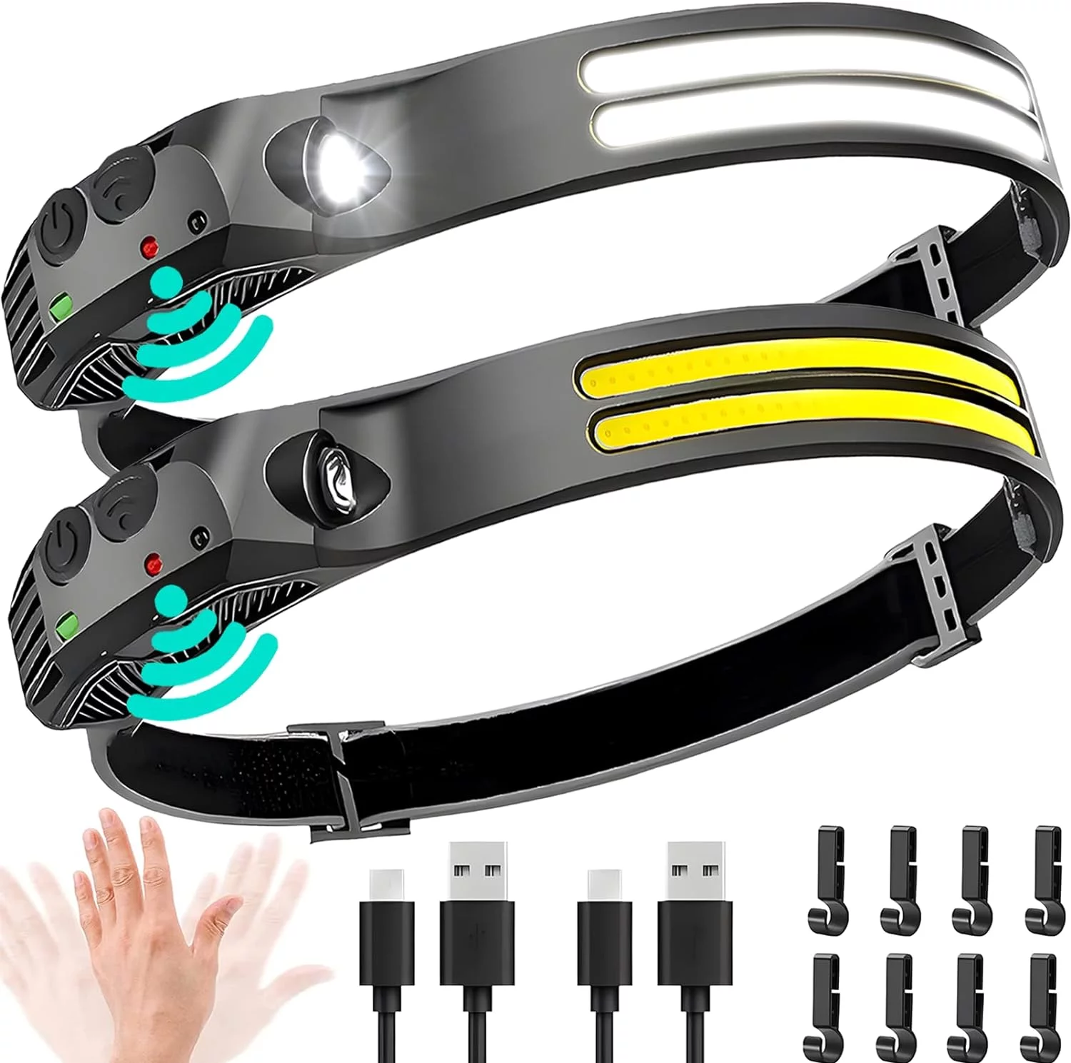 LED Headlamp Rechargeable 2PCS - 230° COB Super Bright Head Lights for Forehead, Hard hat Light for Adults, USB C Headband Flashlight for Work,Hiking,Running,Camping