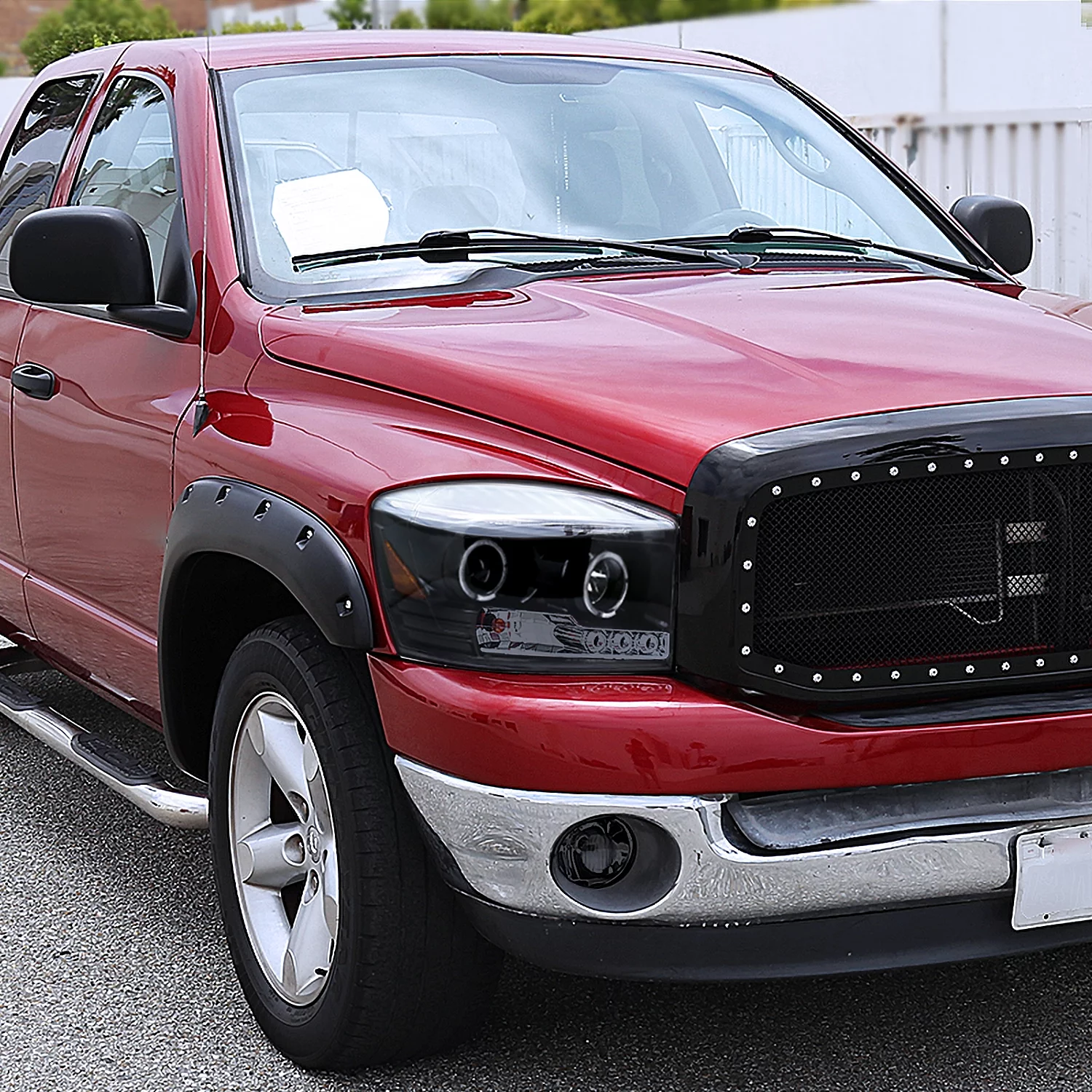 Spec-D Tuning LED Halo Glossy Piano Black Projector Headlight + Smoke Fog Lamps Compatible with 2006-2008 Dodge Ram 1500 Left + Right Pair Headlamps Assembly