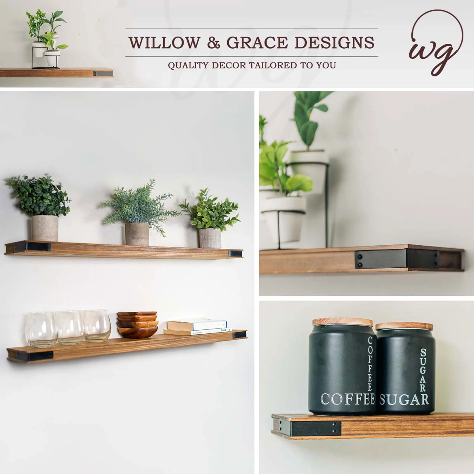 Willow & Grace Johnny 36 Inch Floating Shelves, Light Walnut, Set of 2