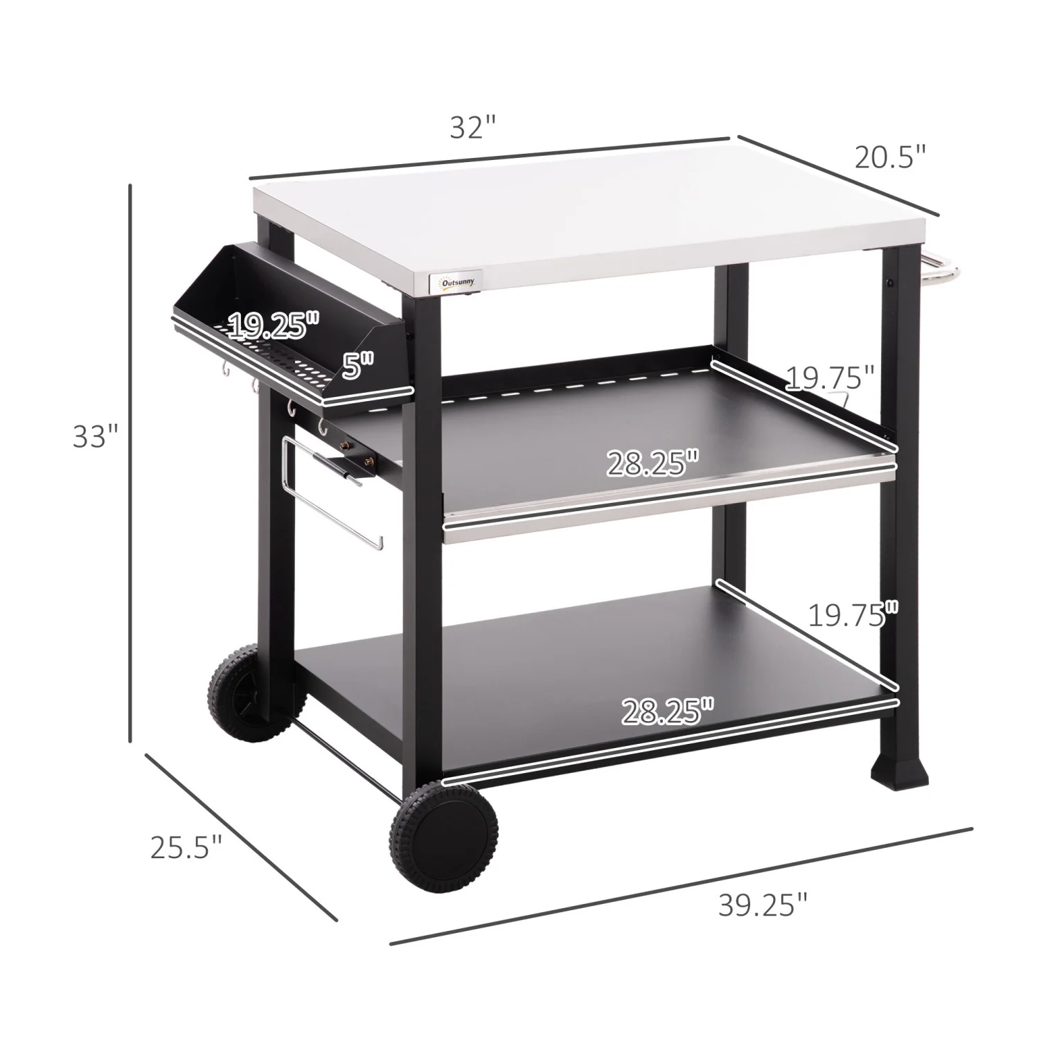 DremFaryoyo Three- Outdoor Grill Cart with Stainless Steel Tabletop  Side Handle  32” x 20.5” Multifunctional Pizza Oven Stand  Movable Food Prep  on Wheels  Black
