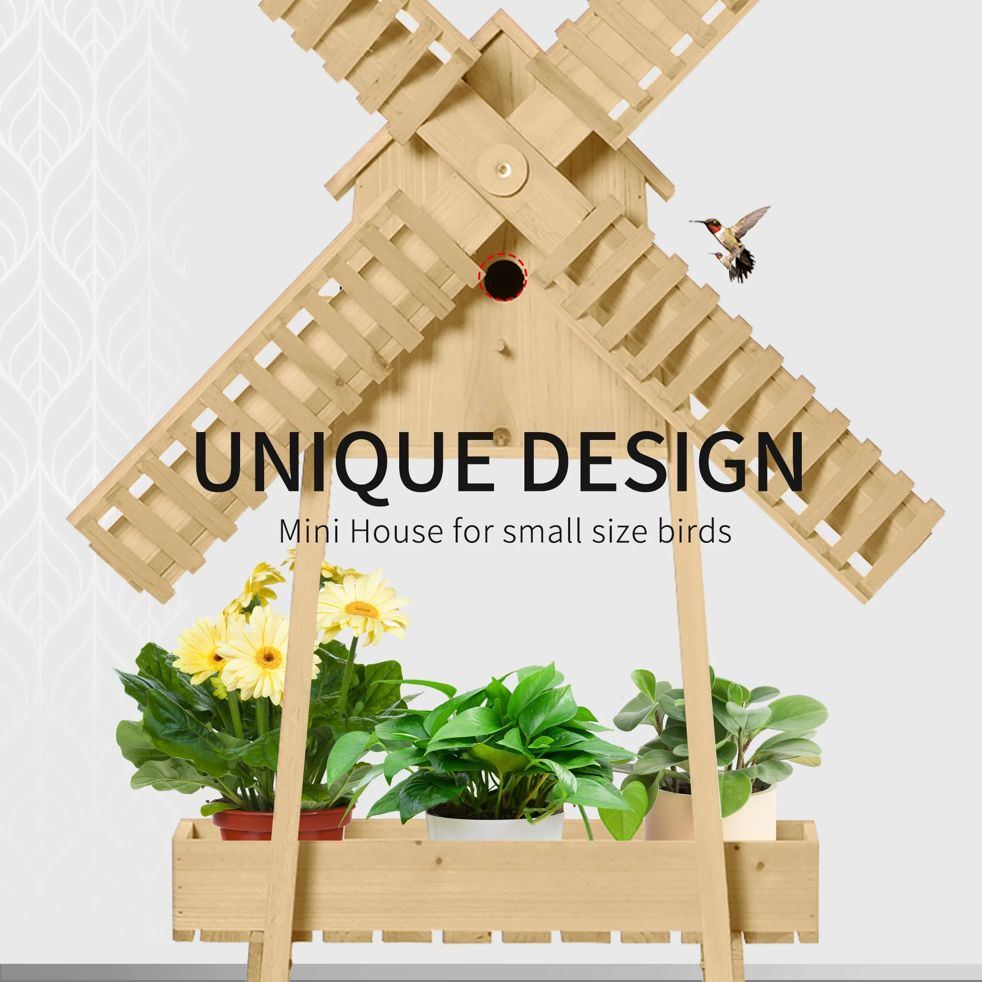Outsunny 3' x 1' x 5' 2-Level Wooden Plant Shelf with Cute Windmill Design