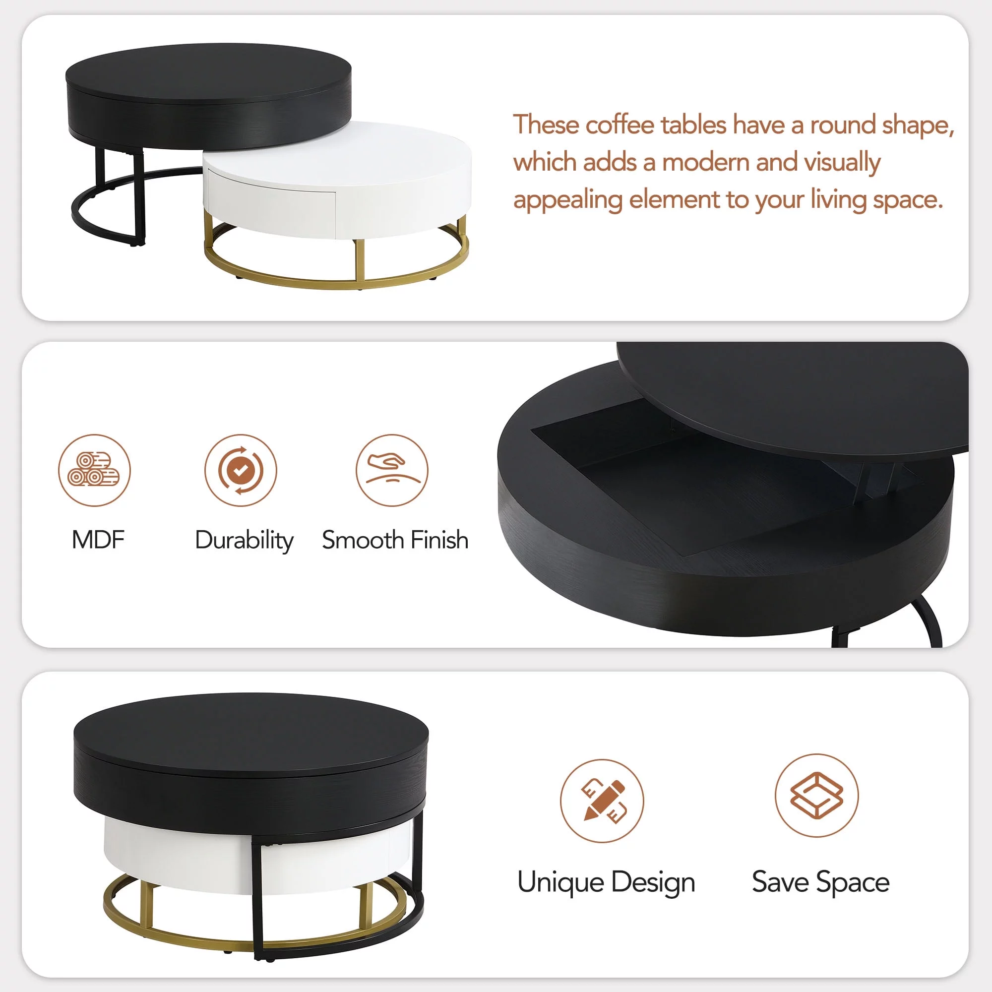 Homiyad Modern Round Lift-Top Nesting Coffee Tables with 2 Drawers White & Black